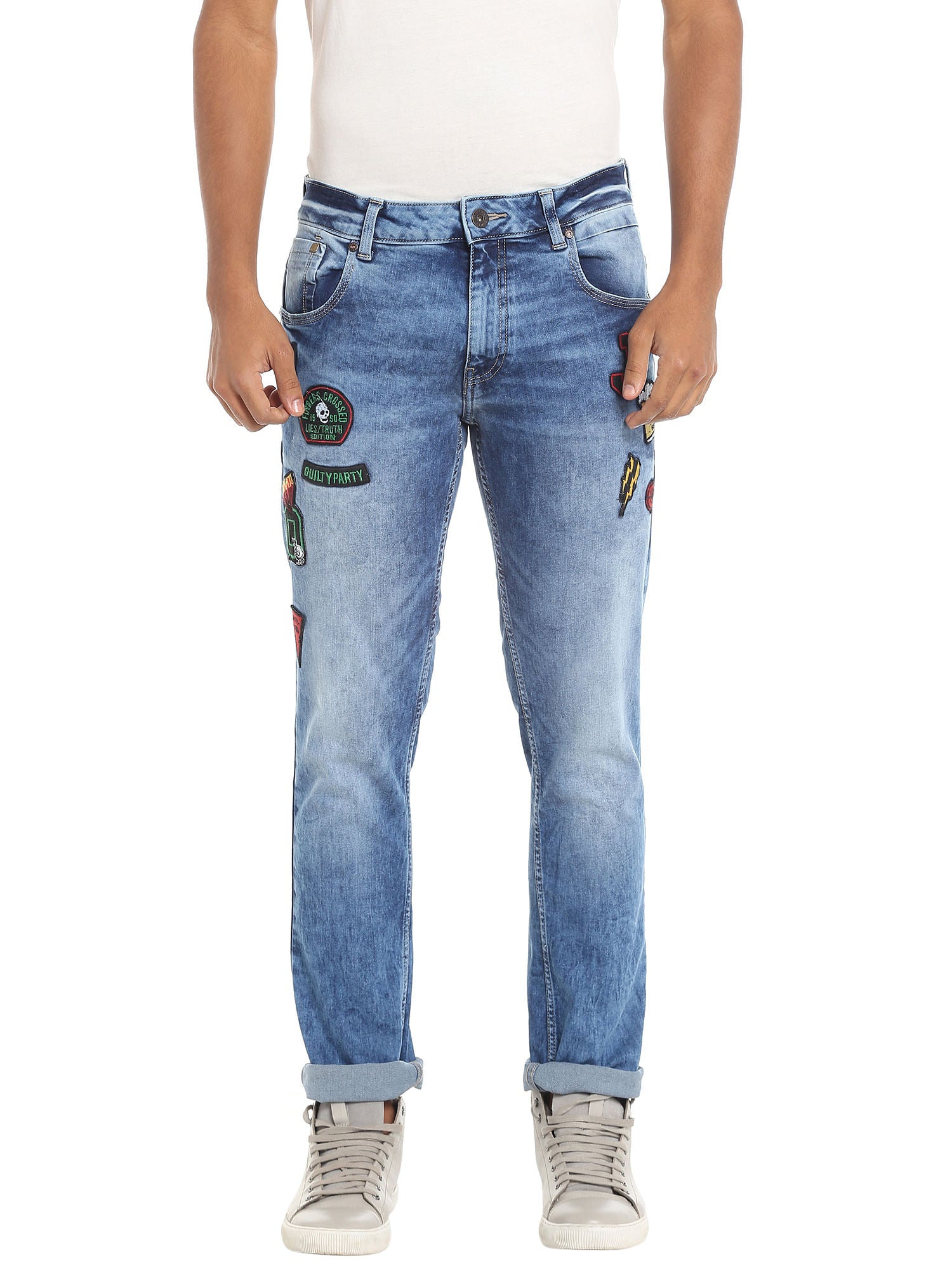 Blue Slim Jeans With Badge Detail