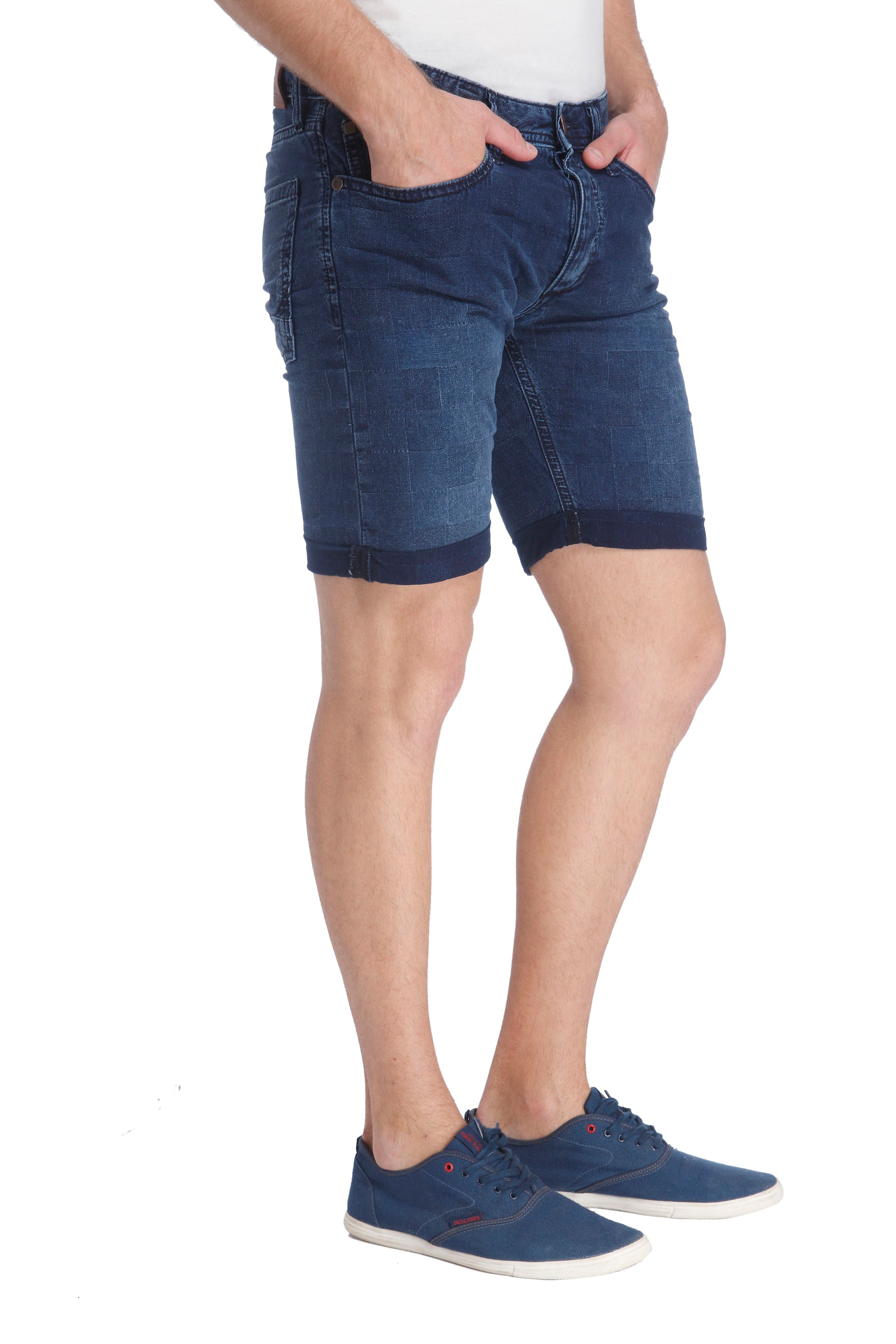 Tile Print Dark Blue Denim Shorts