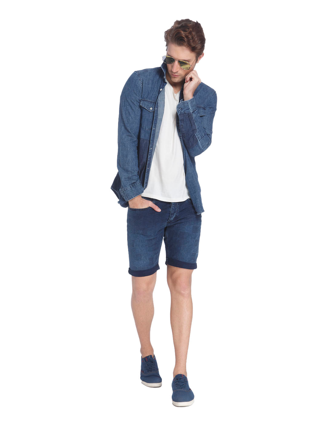 Tile Print Dark Blue Denim Shorts