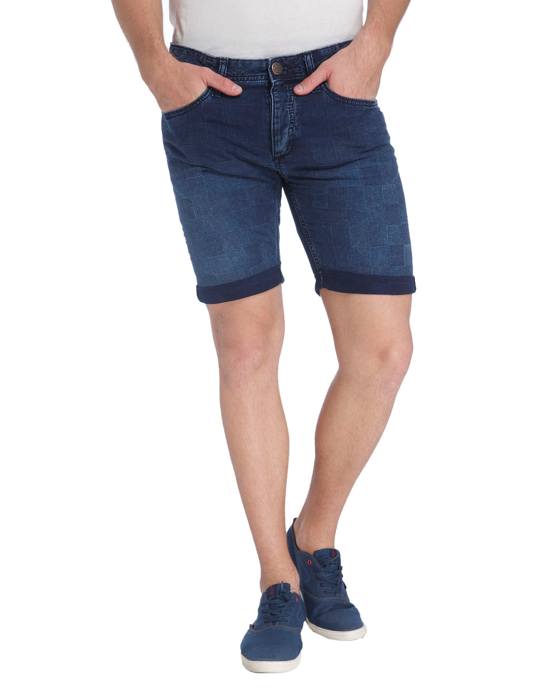 Tile Print Dark Blue Denim Shorts - S
