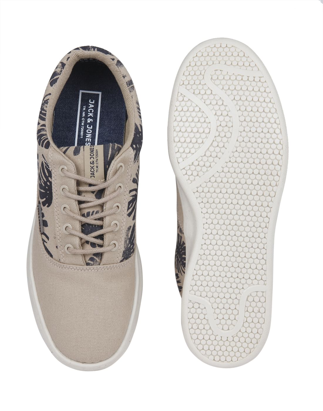 Beige Tropical Print Canvas Trainers