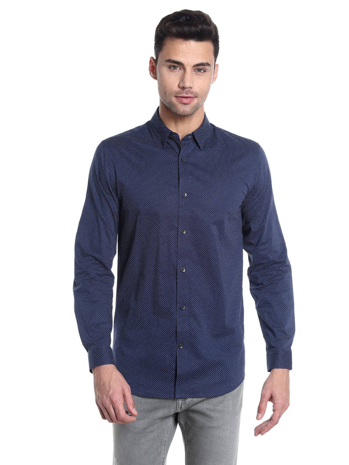 Blue Dotted Slim Fit Shirt - S