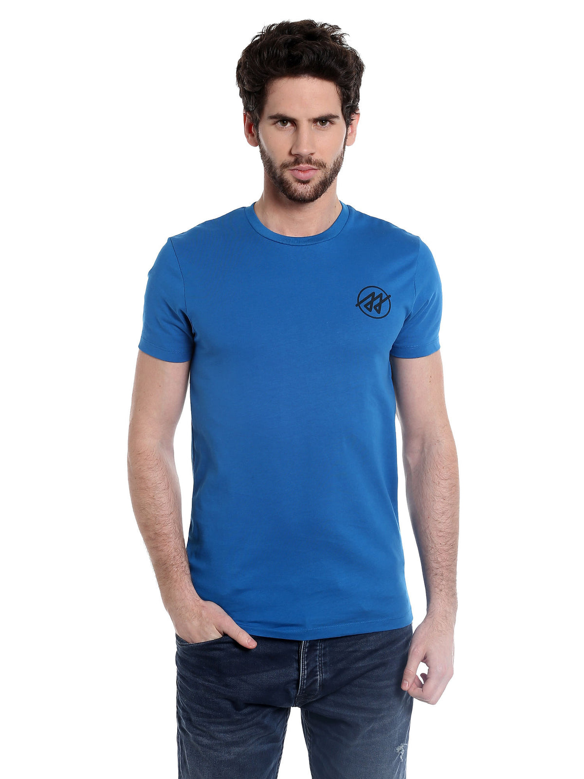 Blue Slogan Print Crew Neck Jersey T-Shirt - S