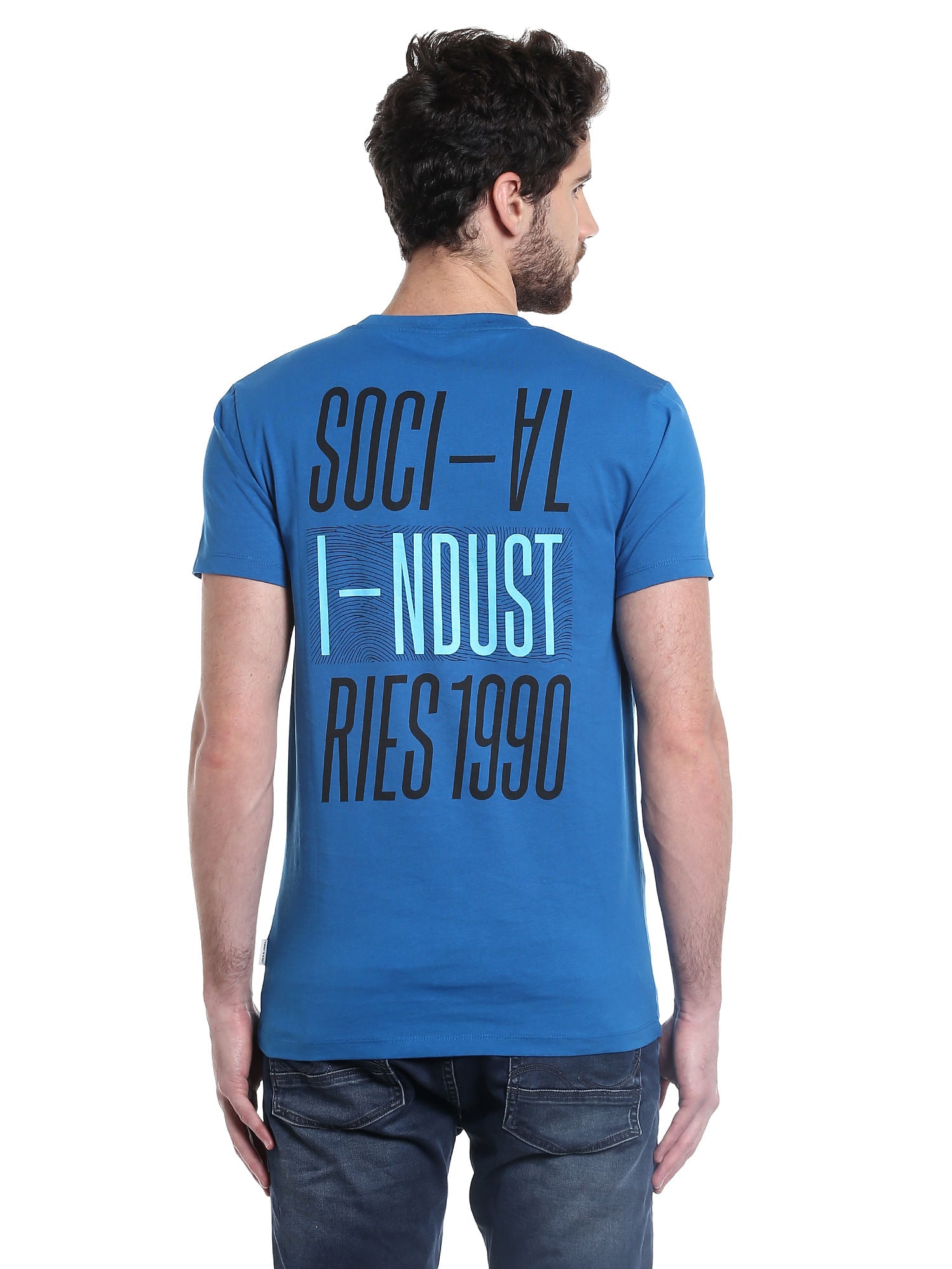 Blue Slogan Print Crew Neck Jersey T-Shirt