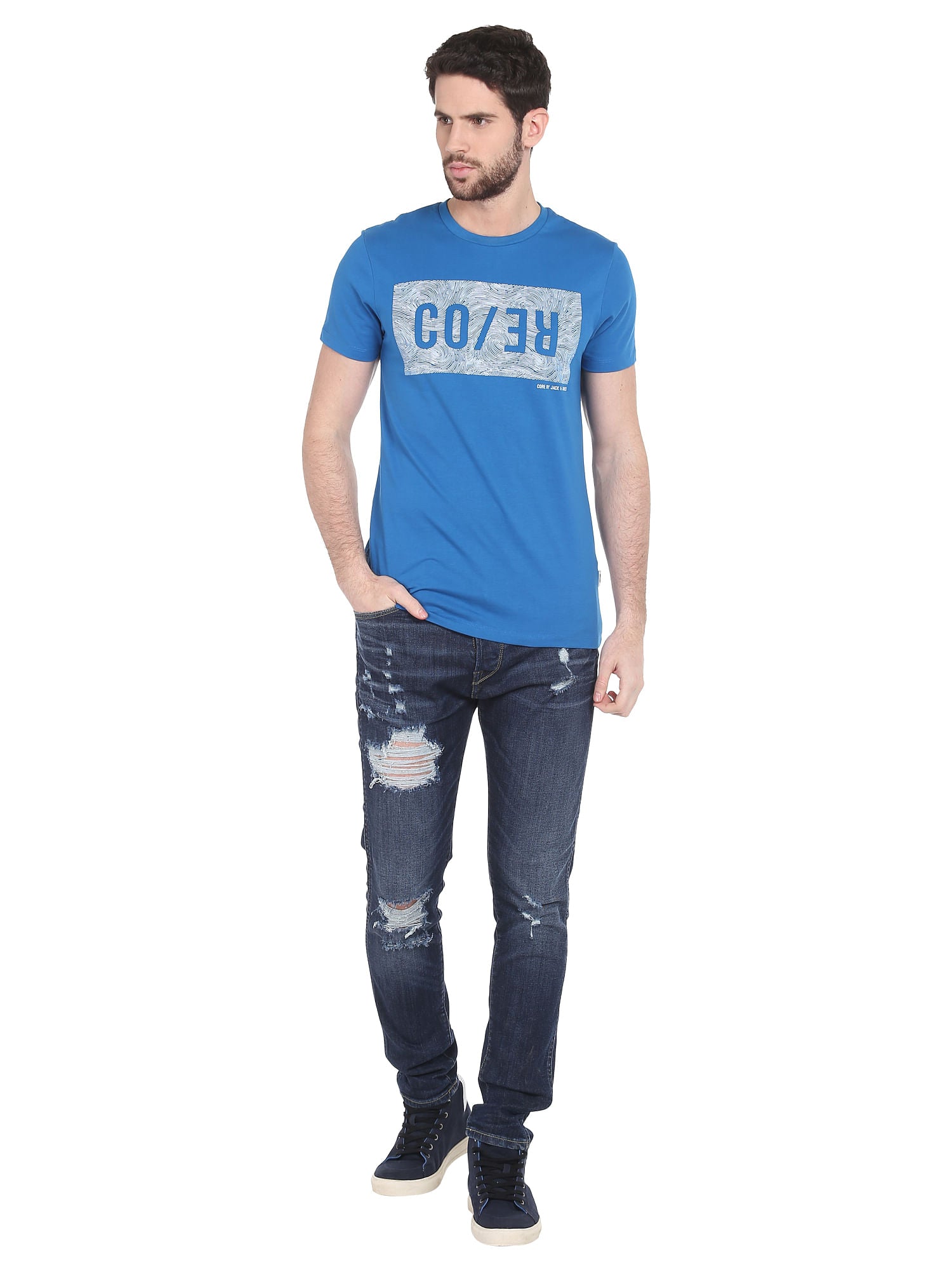 Graphic Print Blue Crew Neck T-Shirt