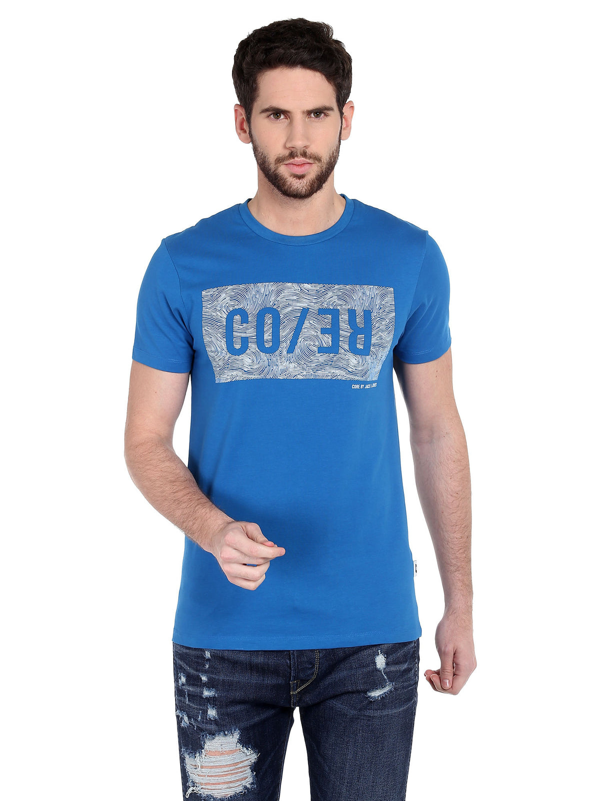 Graphic Print Blue Crew Neck T-Shirt - S