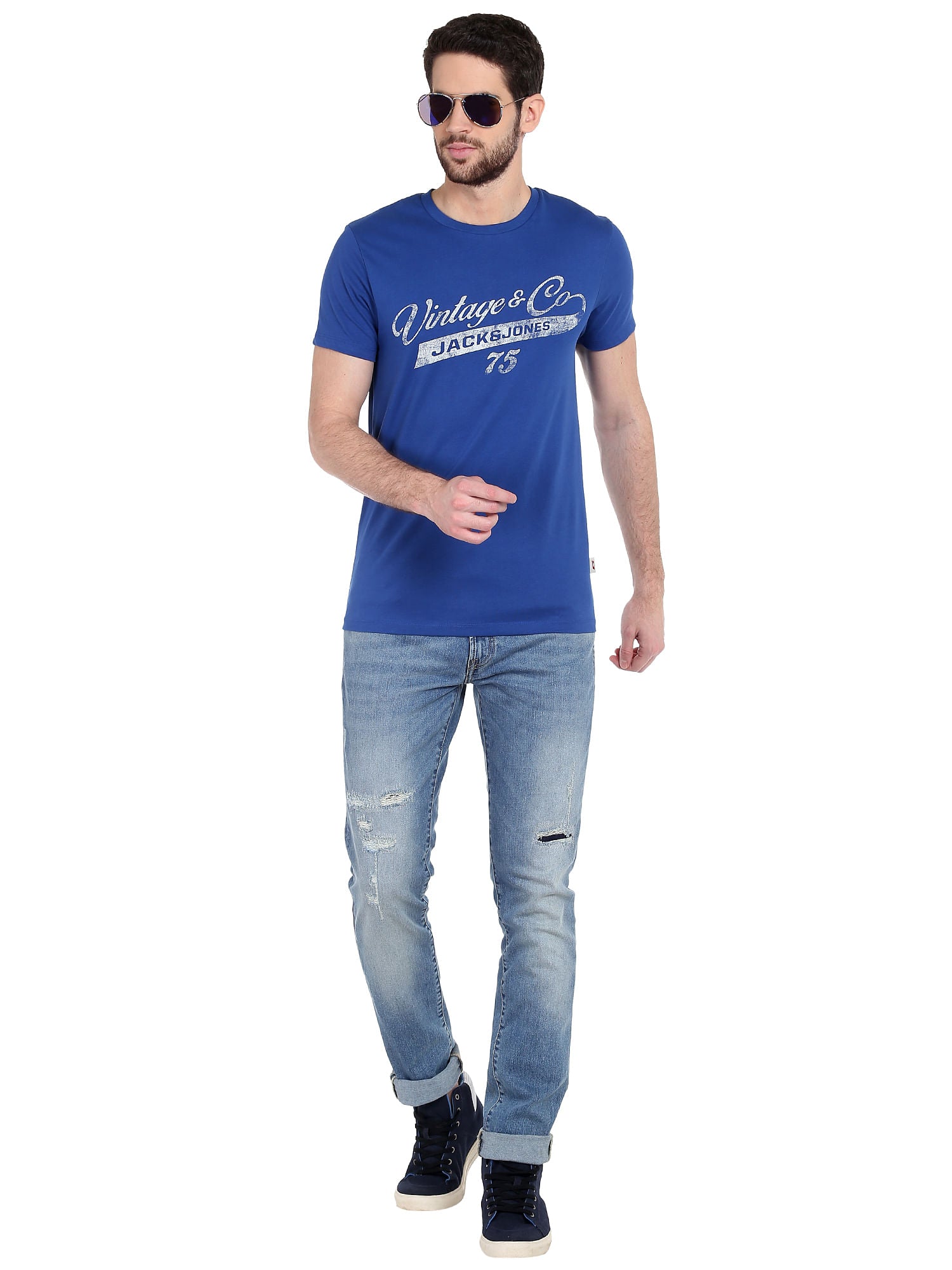 Blue Graphic Print Slim Fit T-Shirt