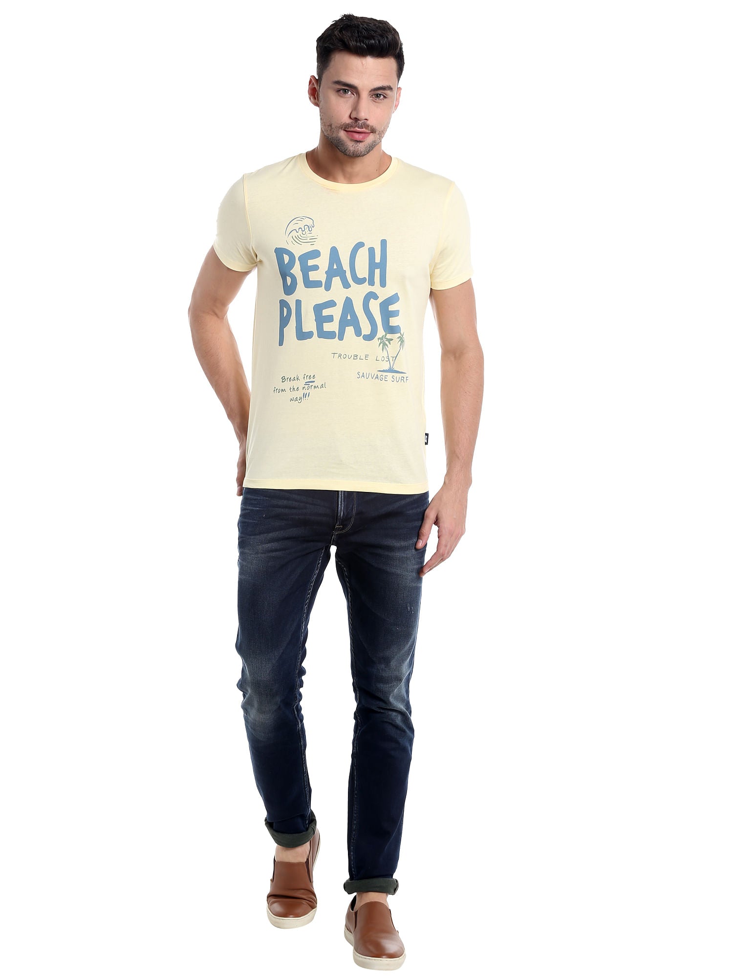 Yellow Slogan Print Crew Neck T-Shirt