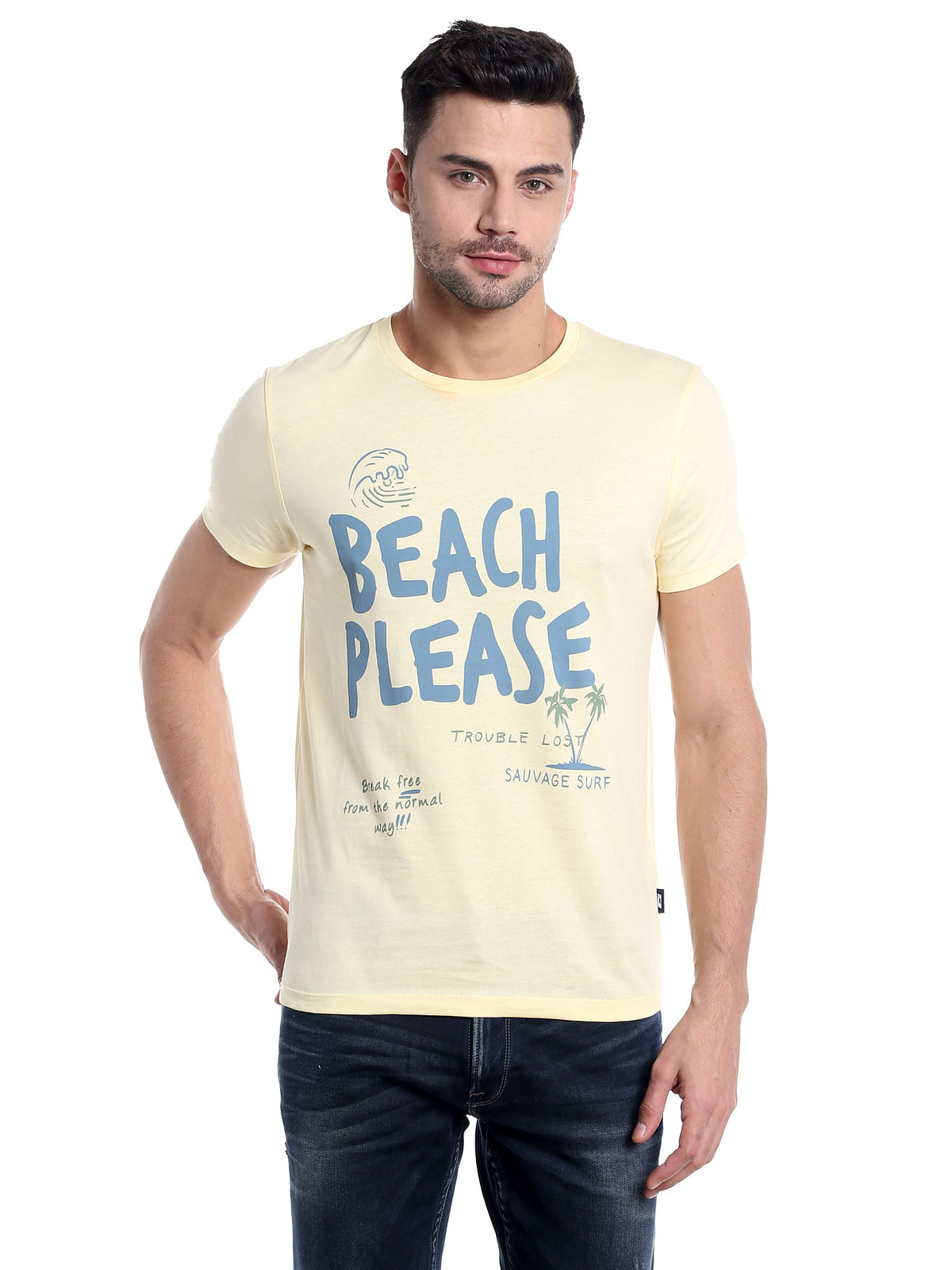 Yellow Slogan Print Crew Neck T-Shirt - S