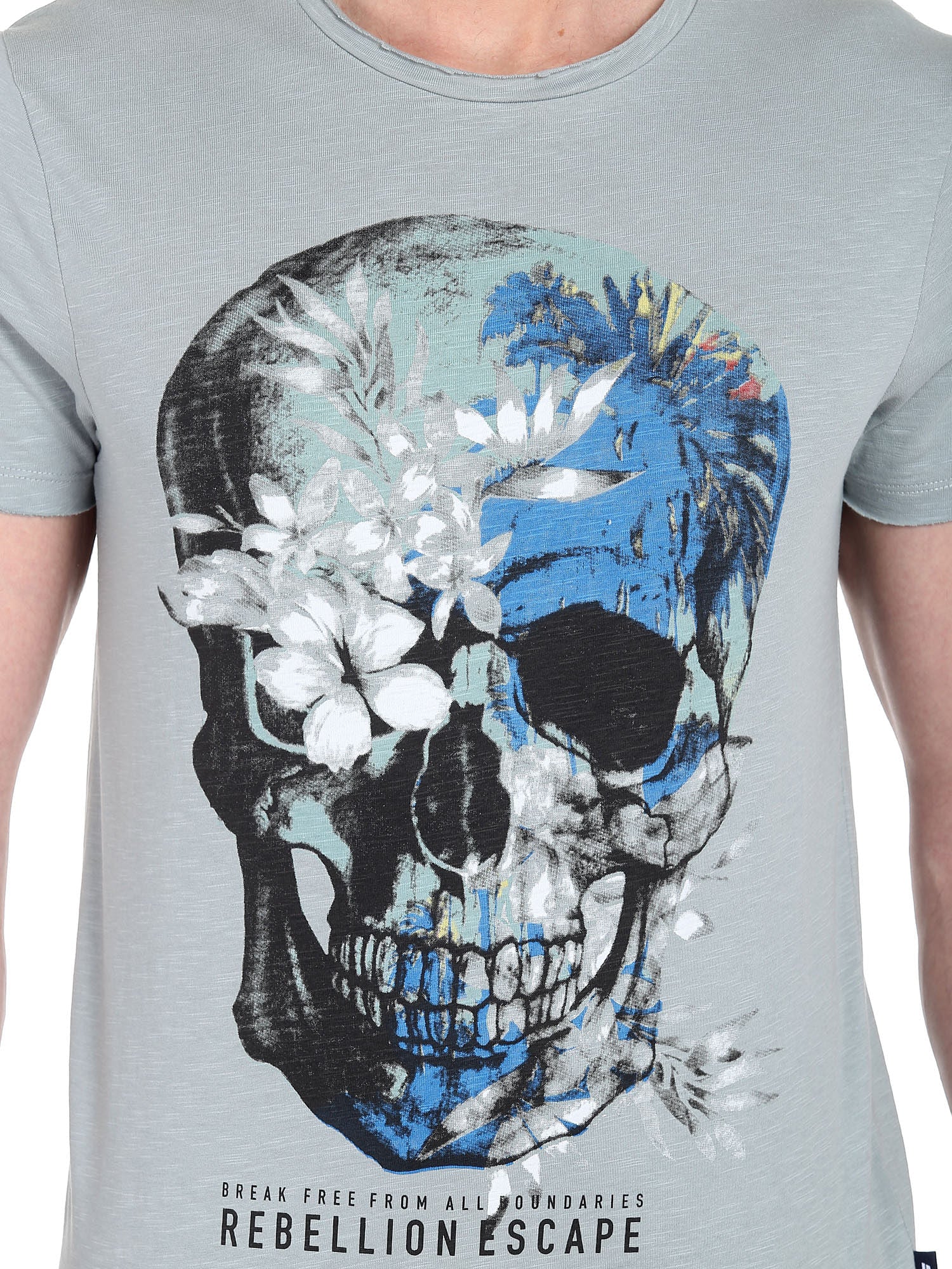 Skull Print Grey Crew Neck T-Shirt