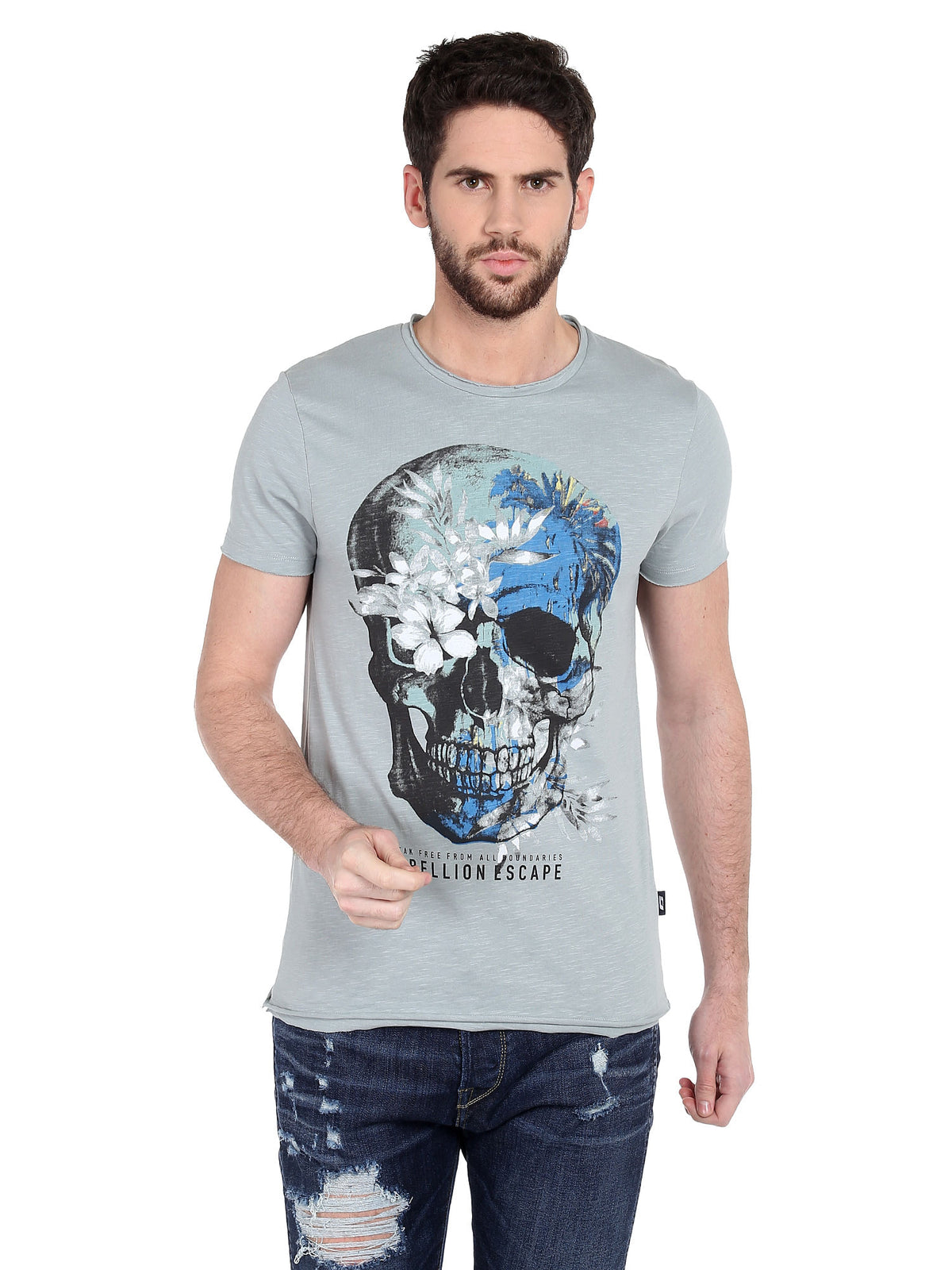 Skull Print Grey Crew Neck T-Shirt - S