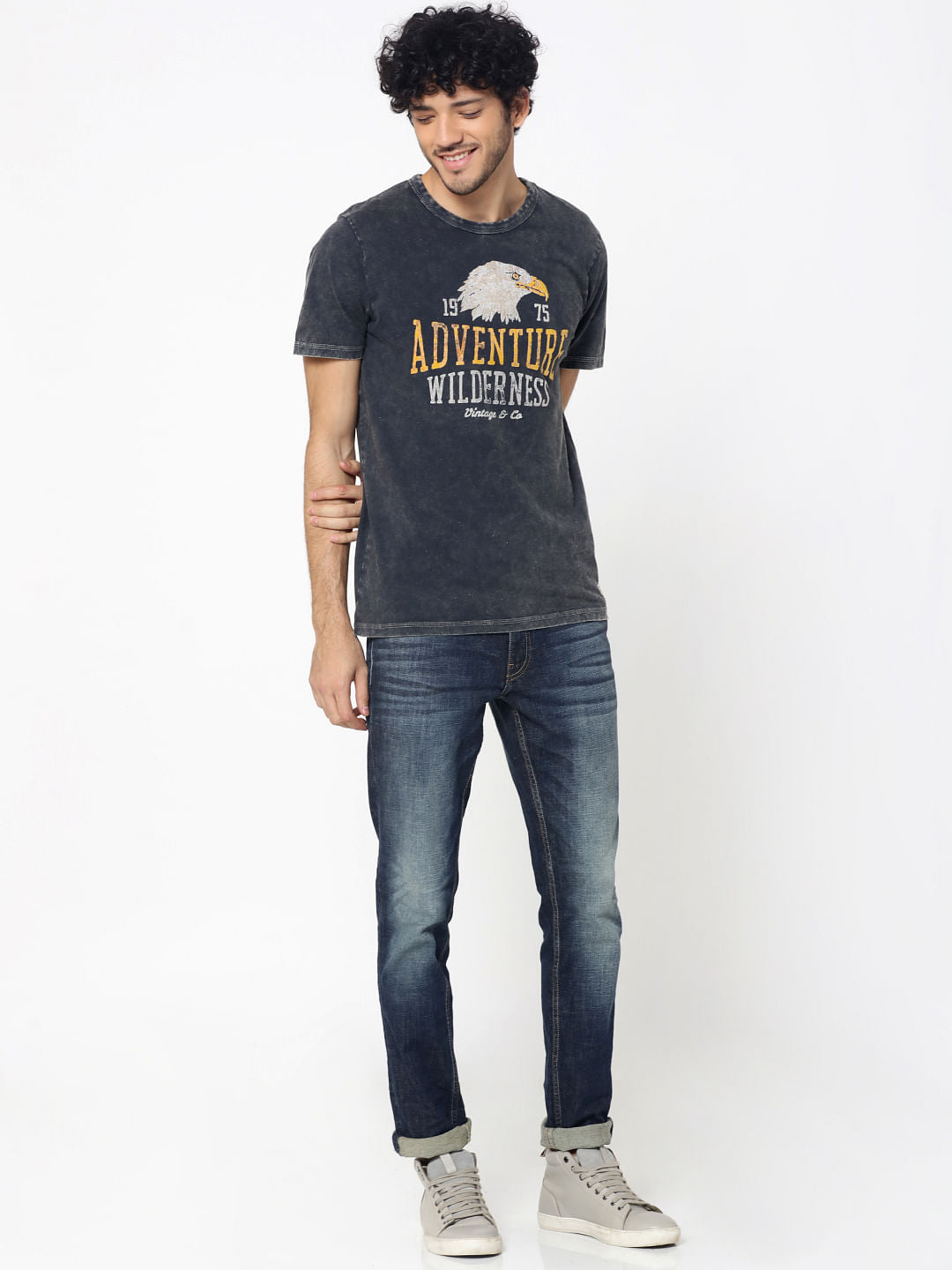 Black Graphic Print Distressed Crew Neck T-Shirt