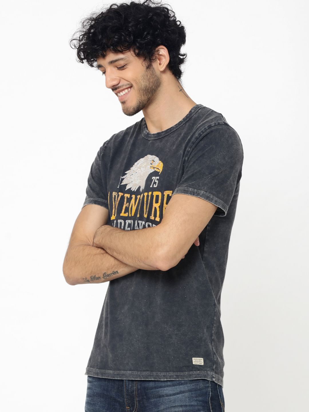 Black Graphic Print Distressed Crew Neck T-Shirt