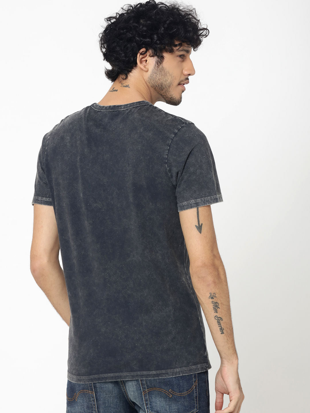 Black Graphic Print Distressed Crew Neck T-Shirt