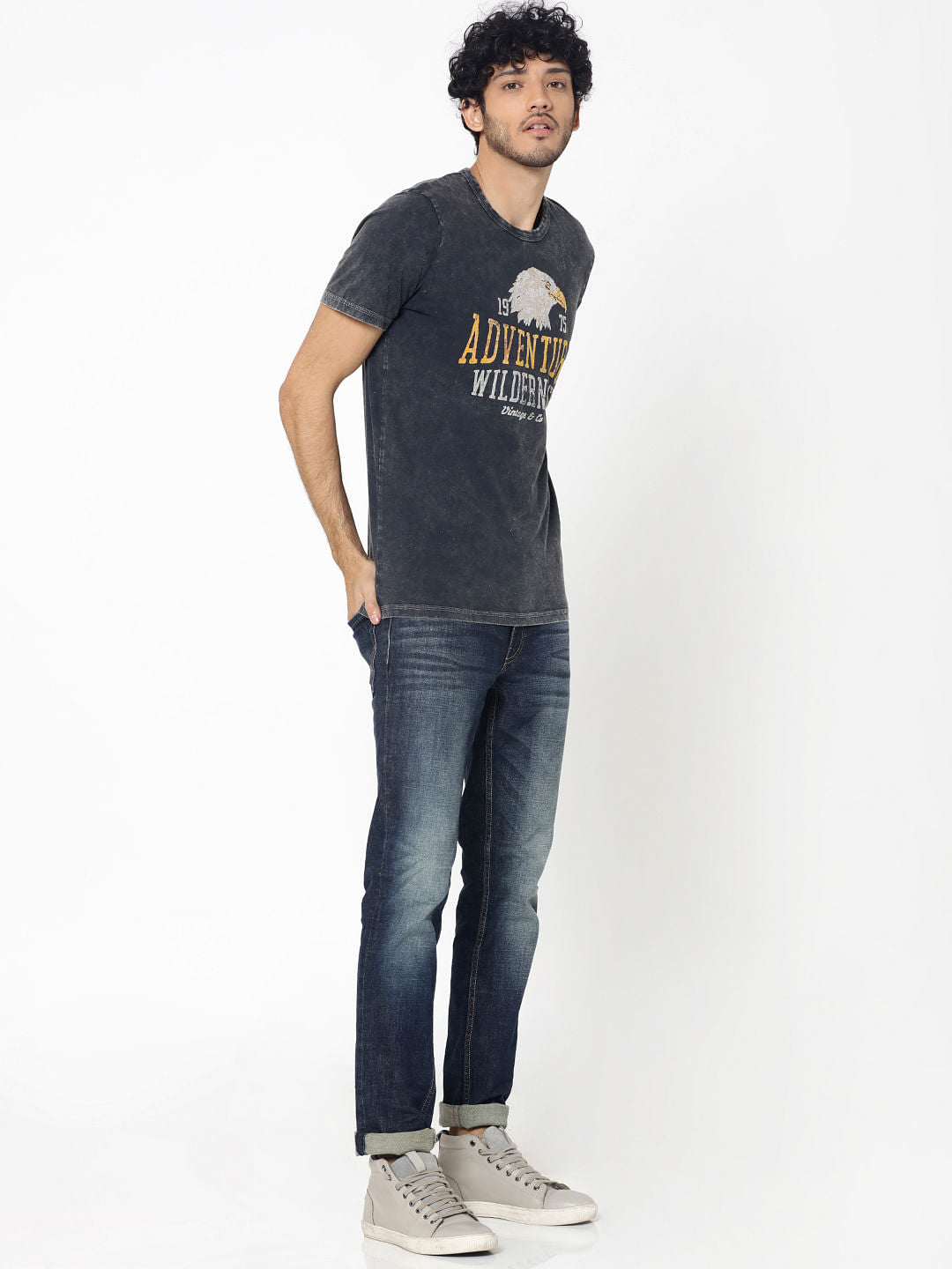 Black Graphic Print Distressed Crew Neck T-Shirt