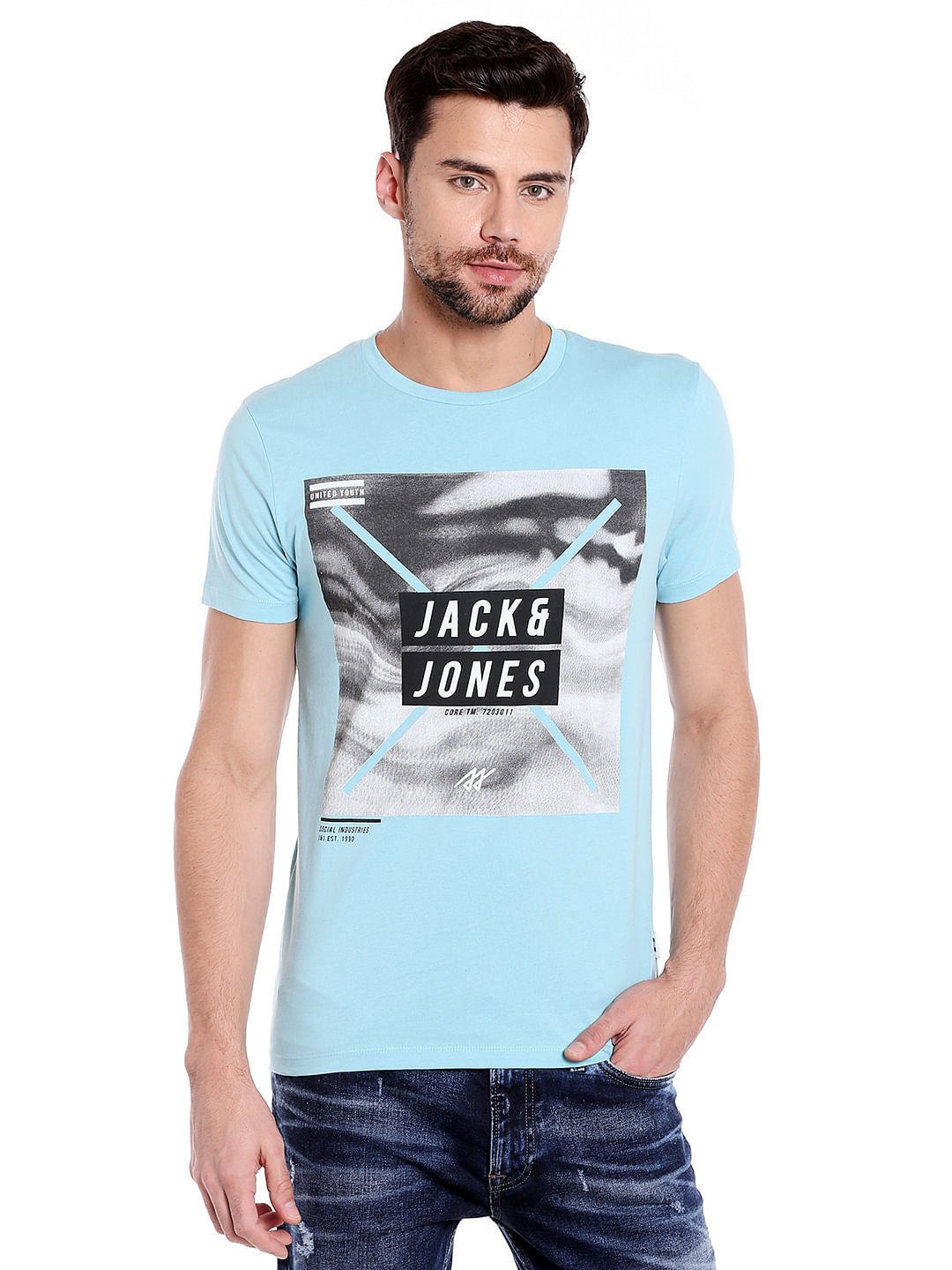 Aqua Blue Graphic Print Crew Neck T-Shirt - S