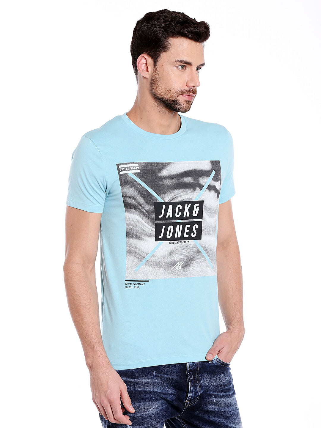 Aqua Blue Graphic Print Crew Neck T-Shirt