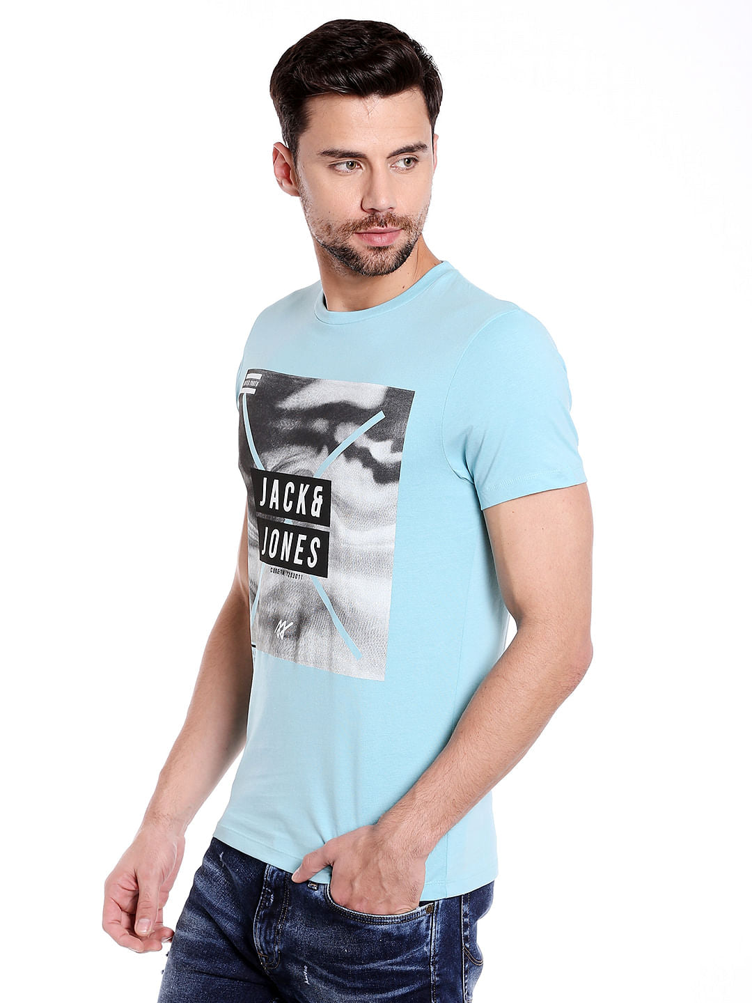 Aqua Blue Graphic Print Crew Neck T-Shirt