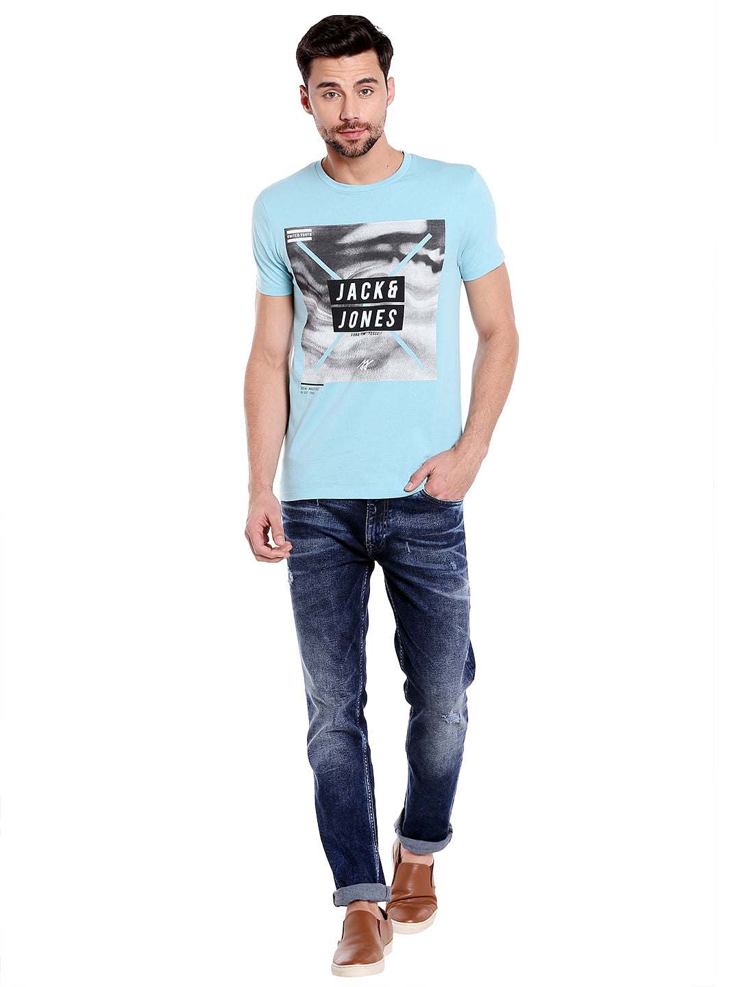 Aqua Blue Graphic Print Crew Neck T-Shirt