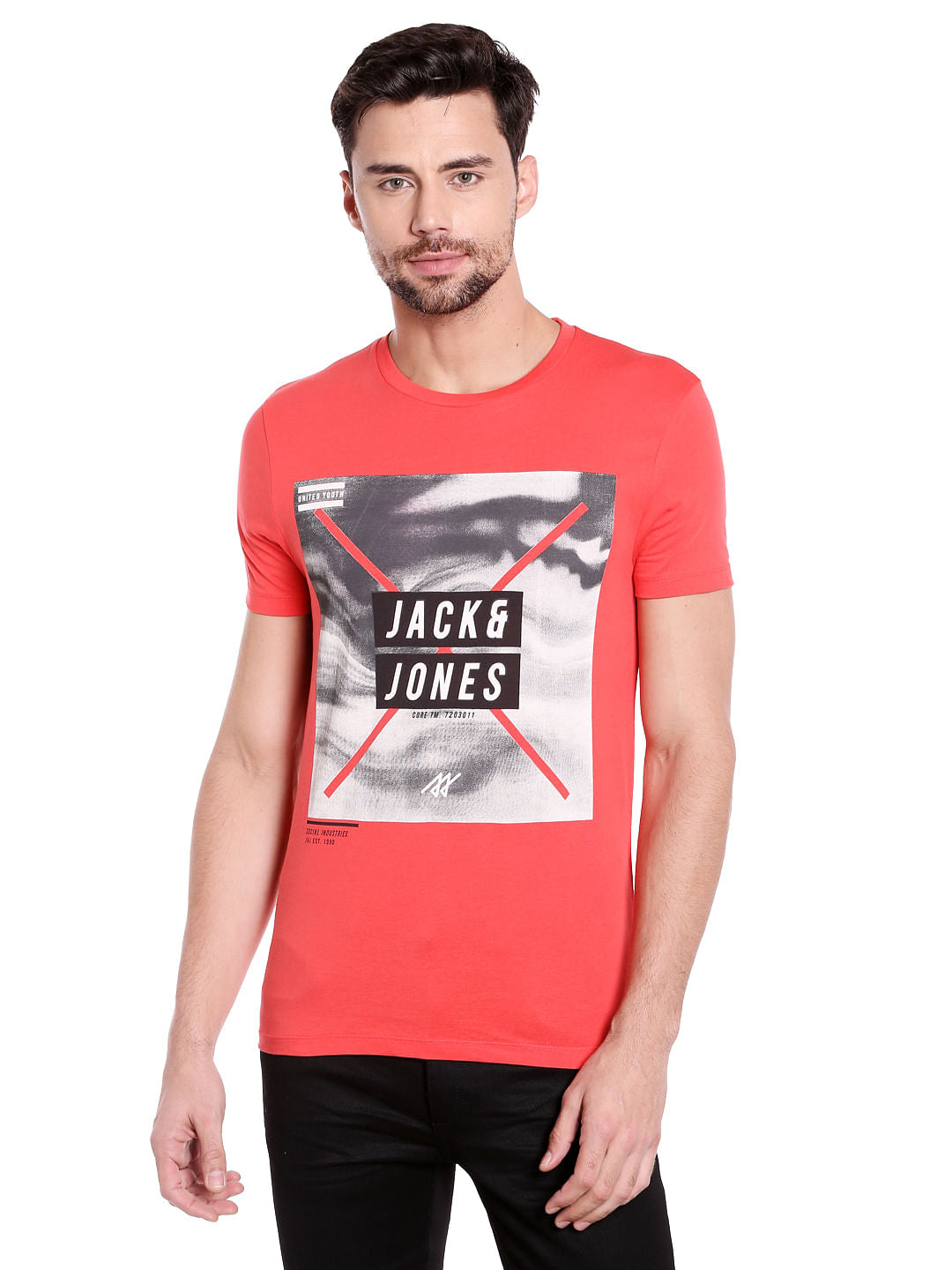 Bright Red Graphic Print Crew Neck T-Shirt - S