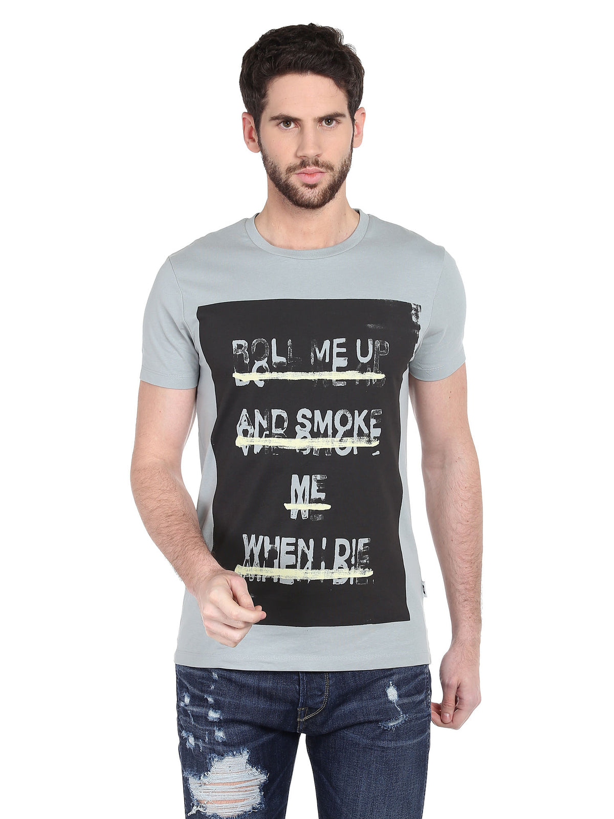 Grey Slogan Print Crew Neck T-Shirt - S