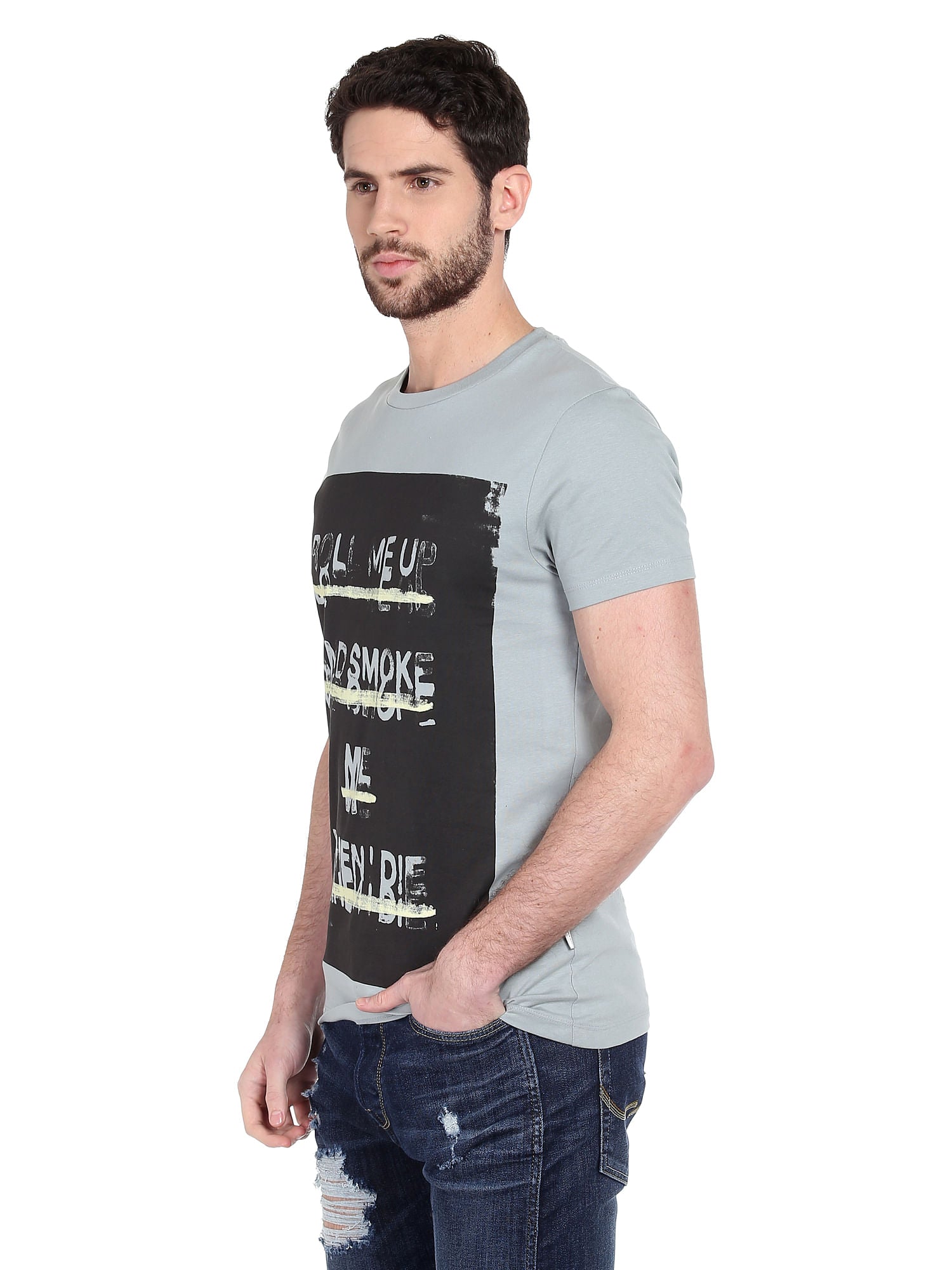 Grey Slogan Print Crew Neck T-Shirt