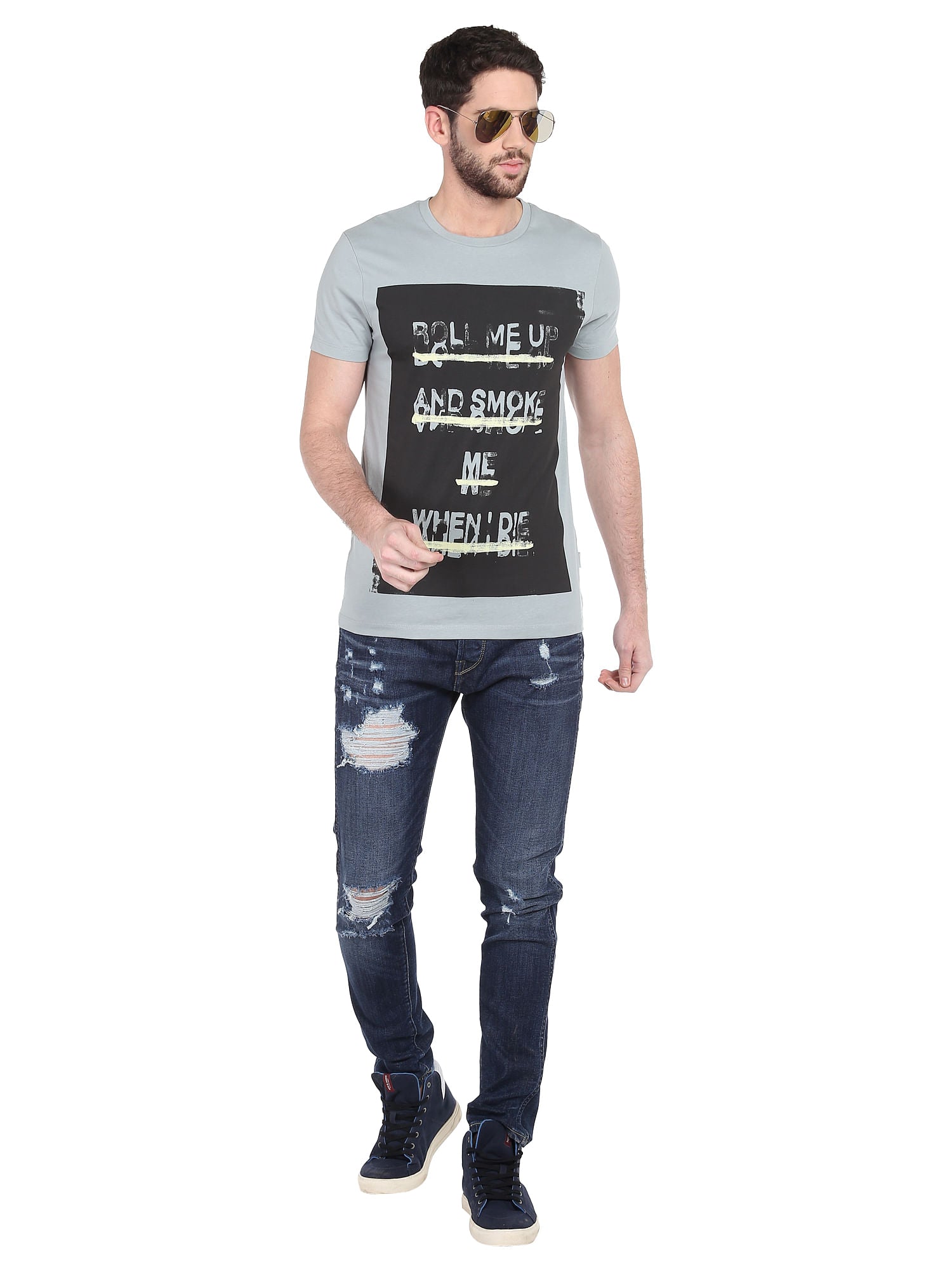 Grey Slogan Print Crew Neck T-Shirt