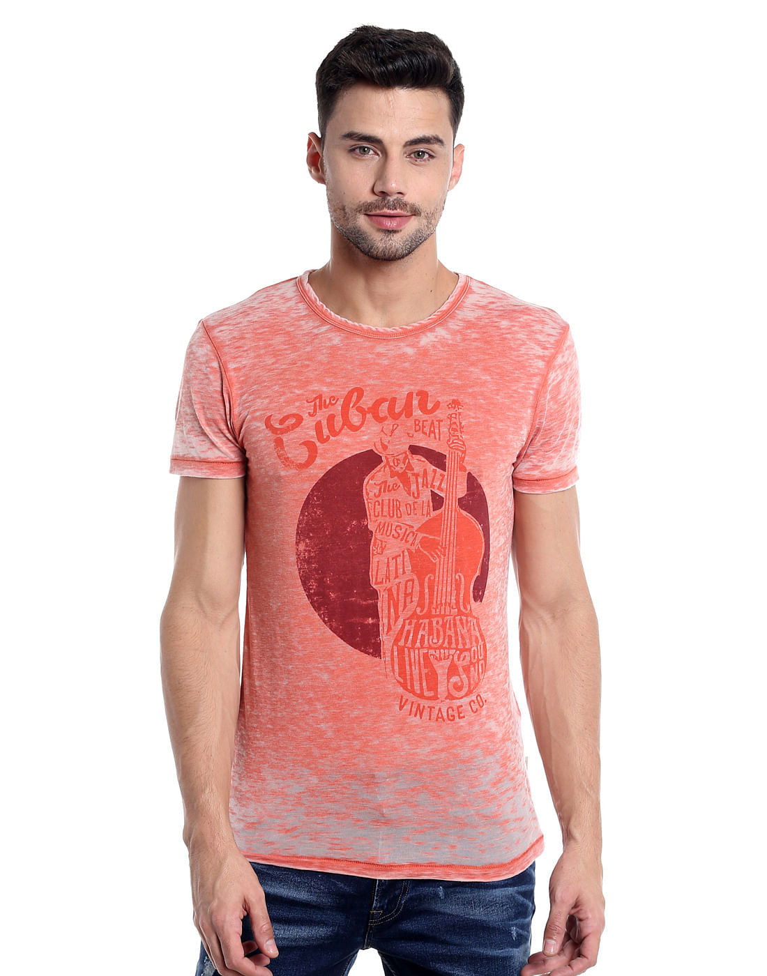 Orange Cello Print Crew Neck T-Shirt - S