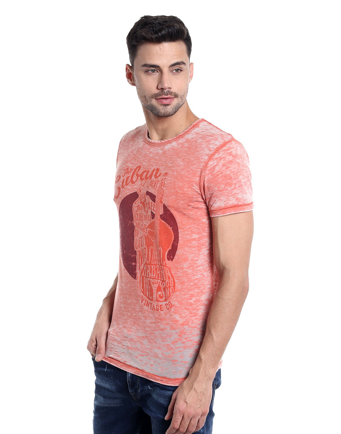 Orange Cello Print Crew Neck T-Shirt