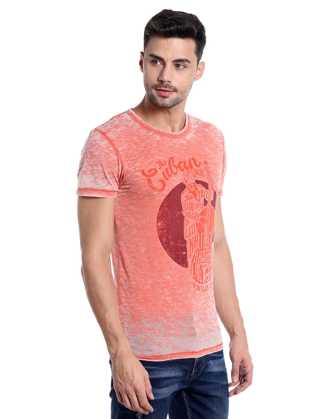 Orange Cello Print Crew Neck T-Shirt