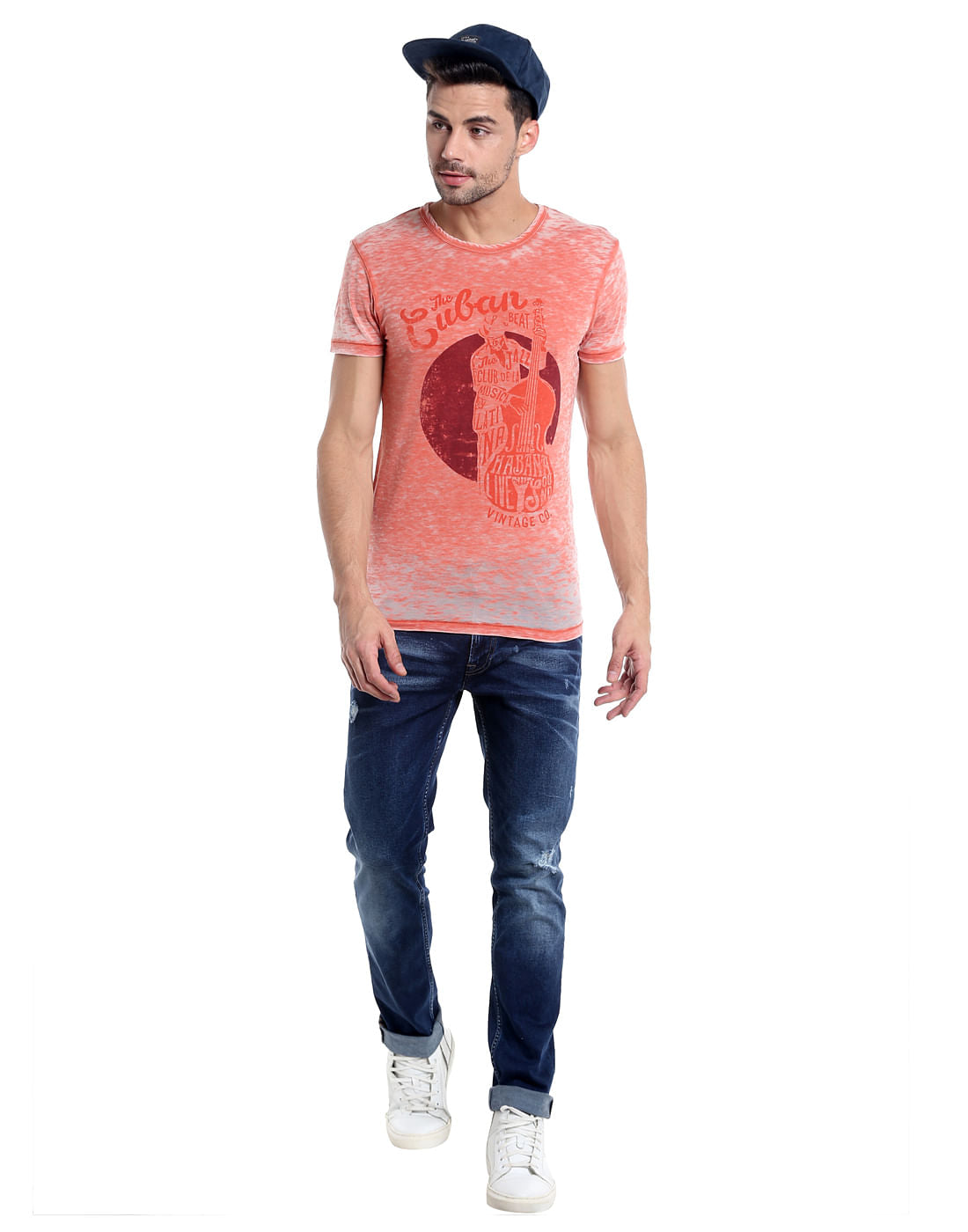 Orange Cello Print Crew Neck T-Shirt