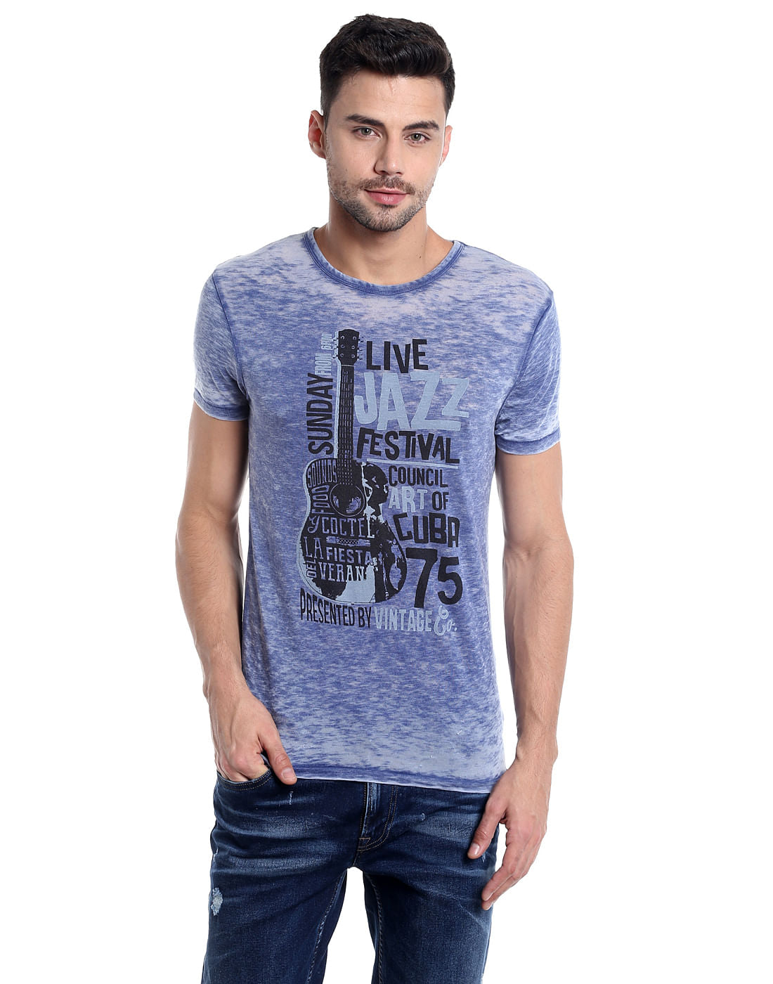 Blue Guitar Print Crew Neck T-Shirt - S