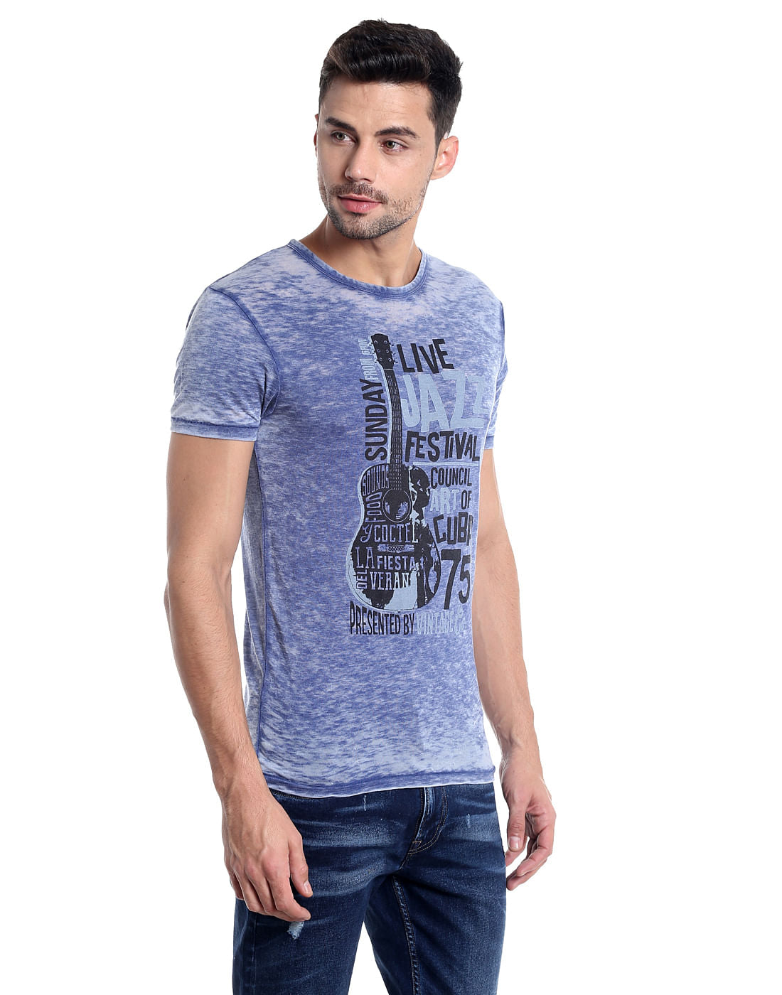 Blue Guitar Print Crew Neck T-Shirt