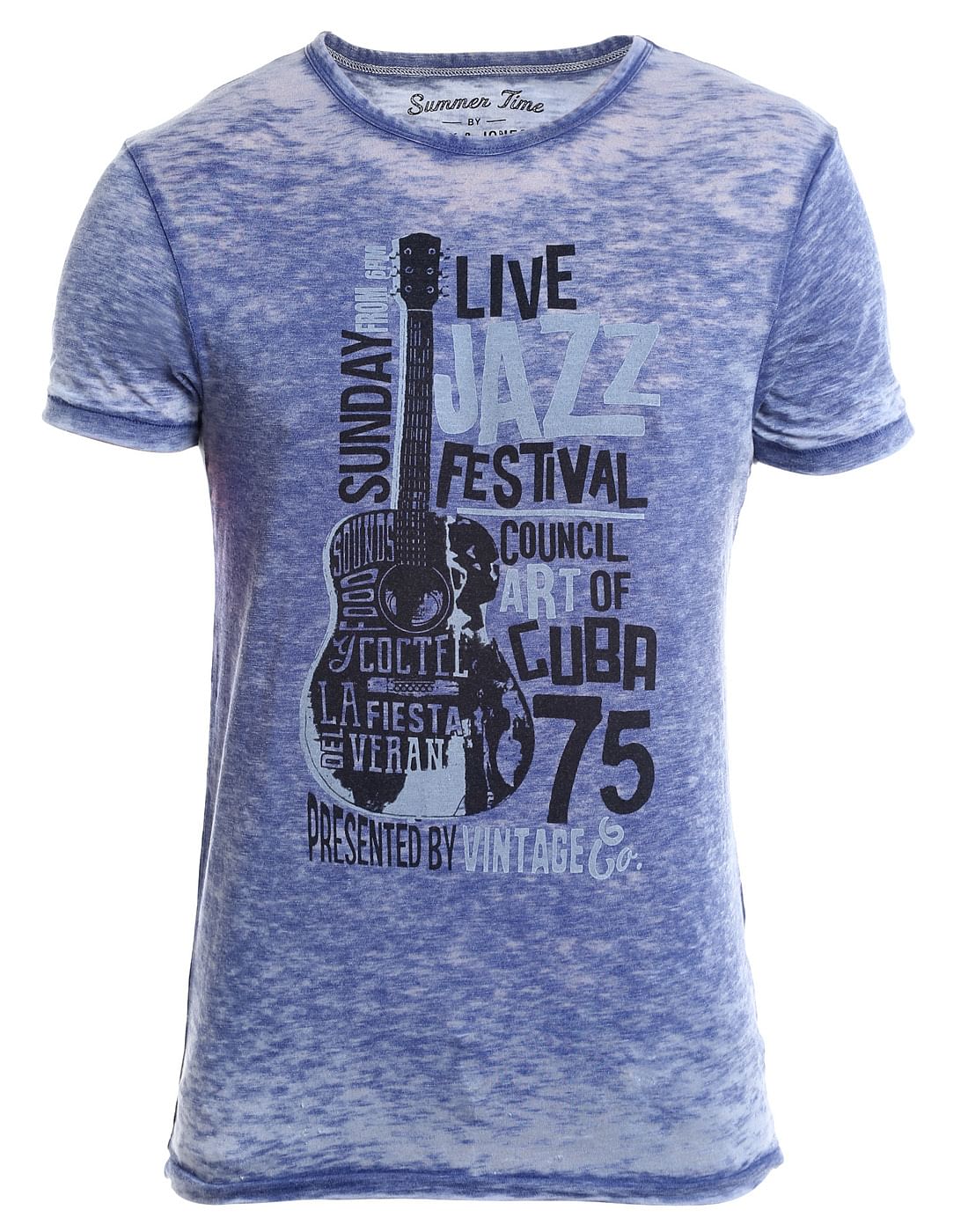 Blue Guitar Print Crew Neck T-Shirt