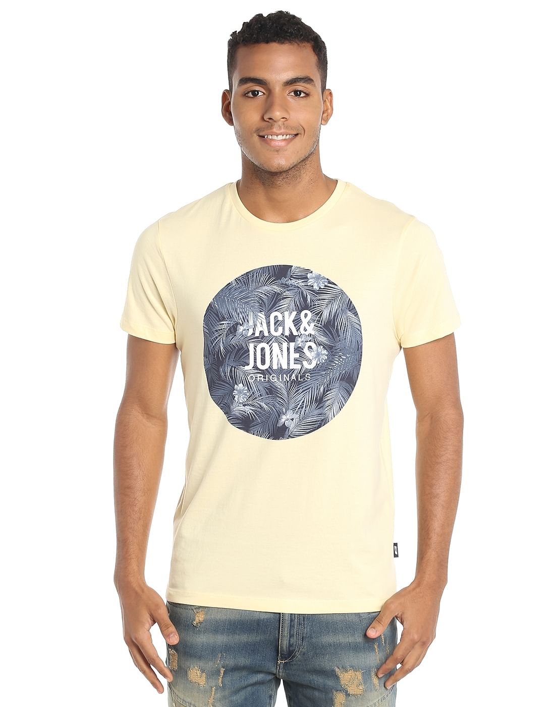 Yellow Tropical Print Crew Neck T-Shirt - S