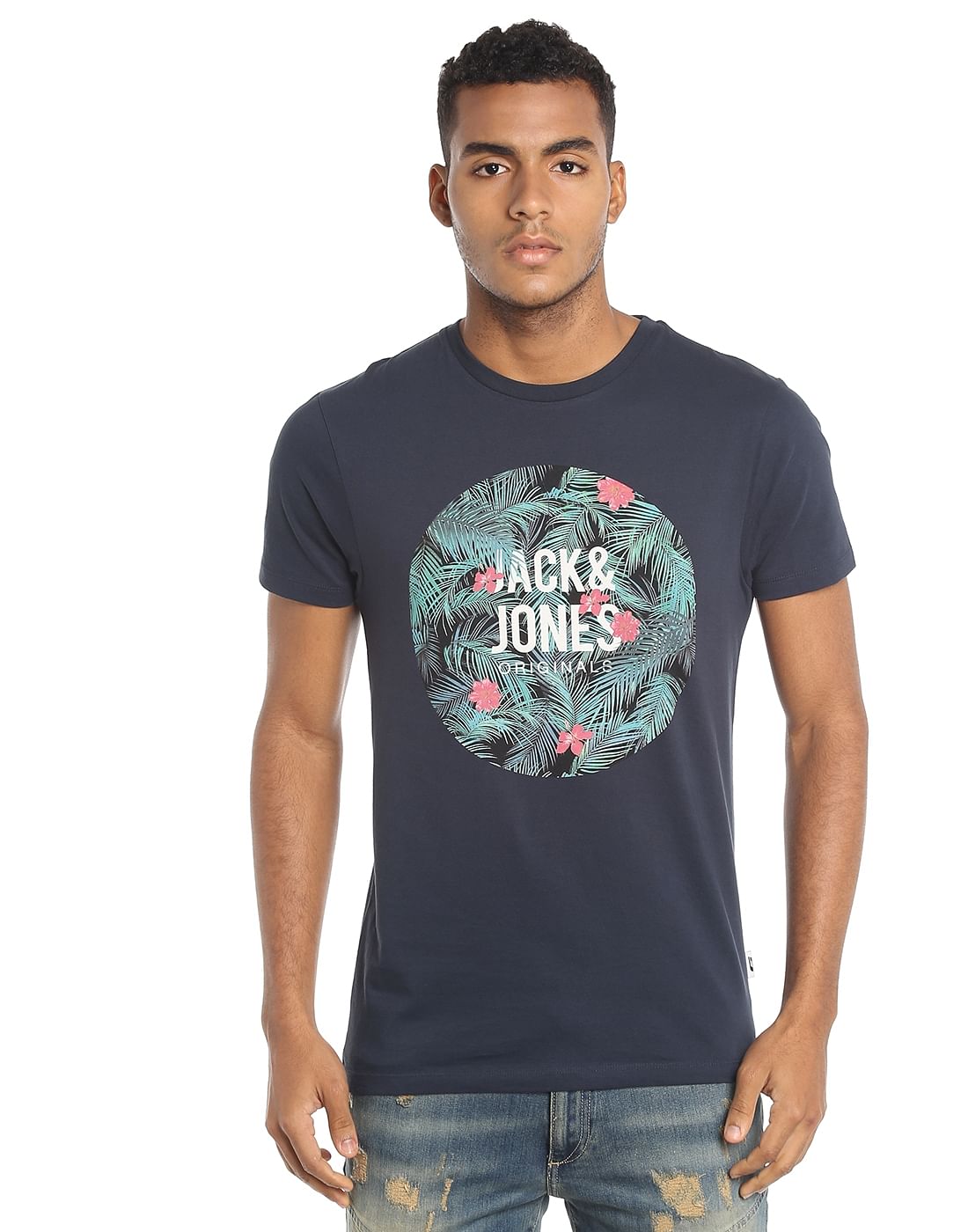 Dark Grey Tropical Print Crew Neck T-Shirt