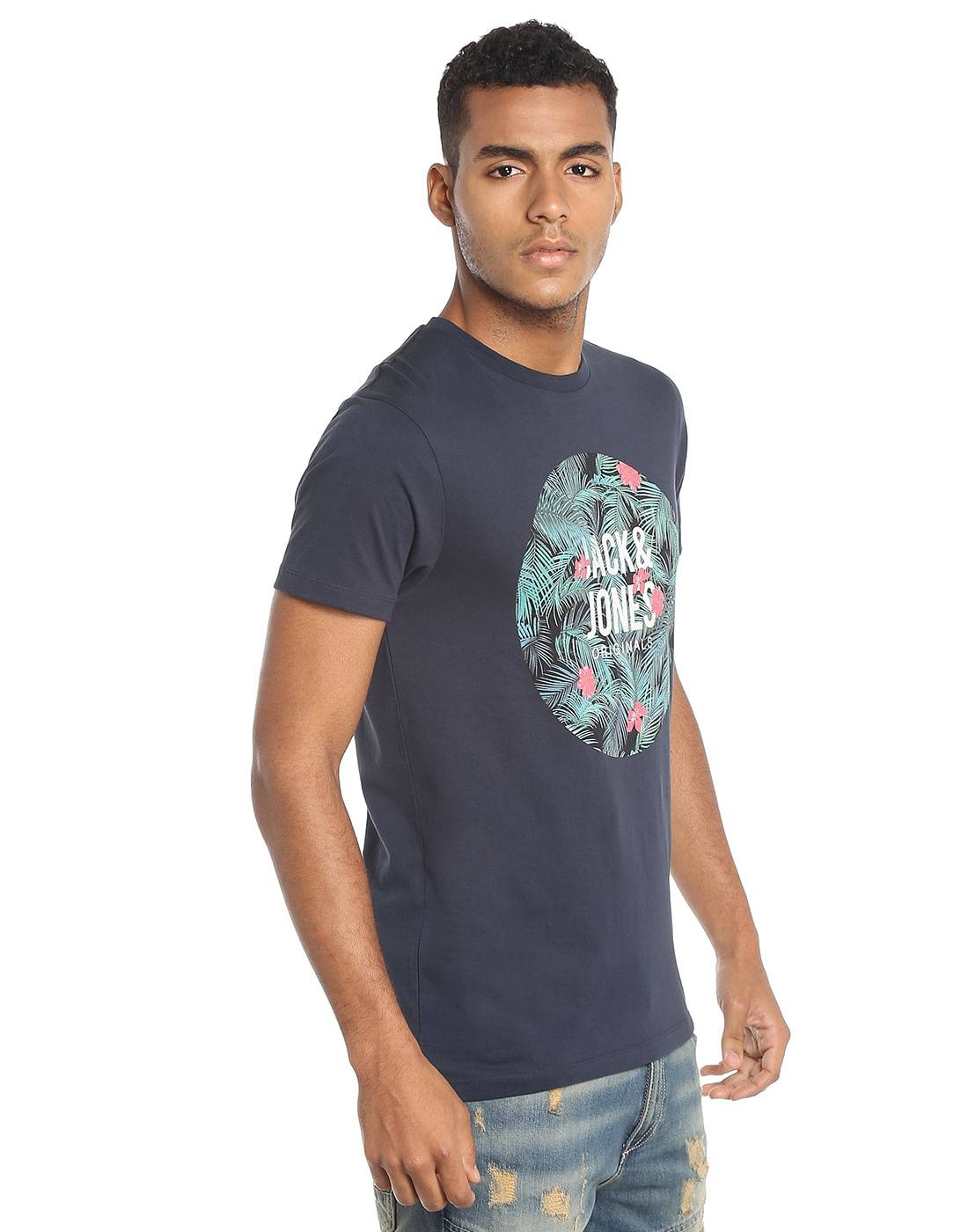 Dark Grey Tropical Print Crew Neck T-Shirt