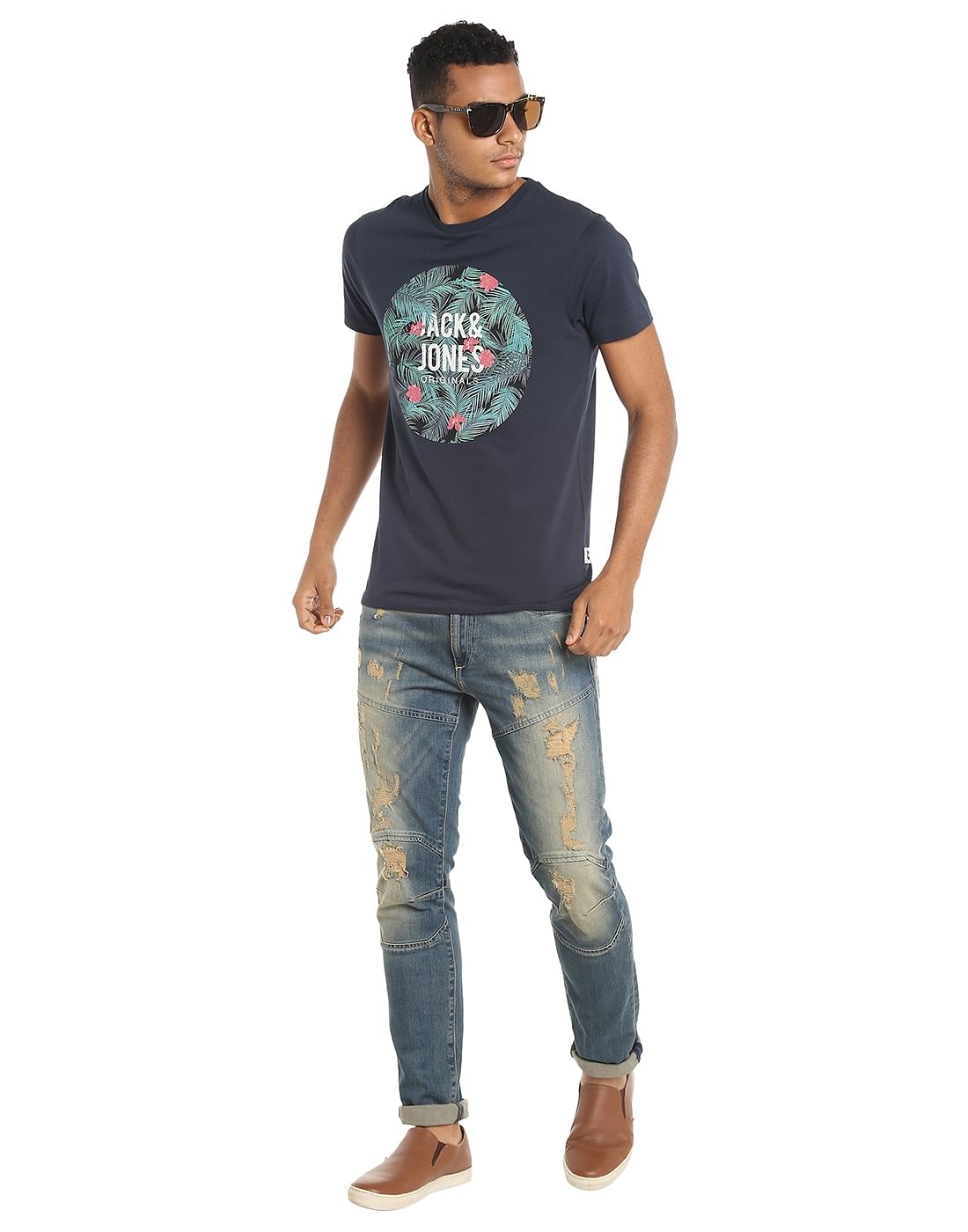 Dark Grey Tropical Print Crew Neck T-Shirt