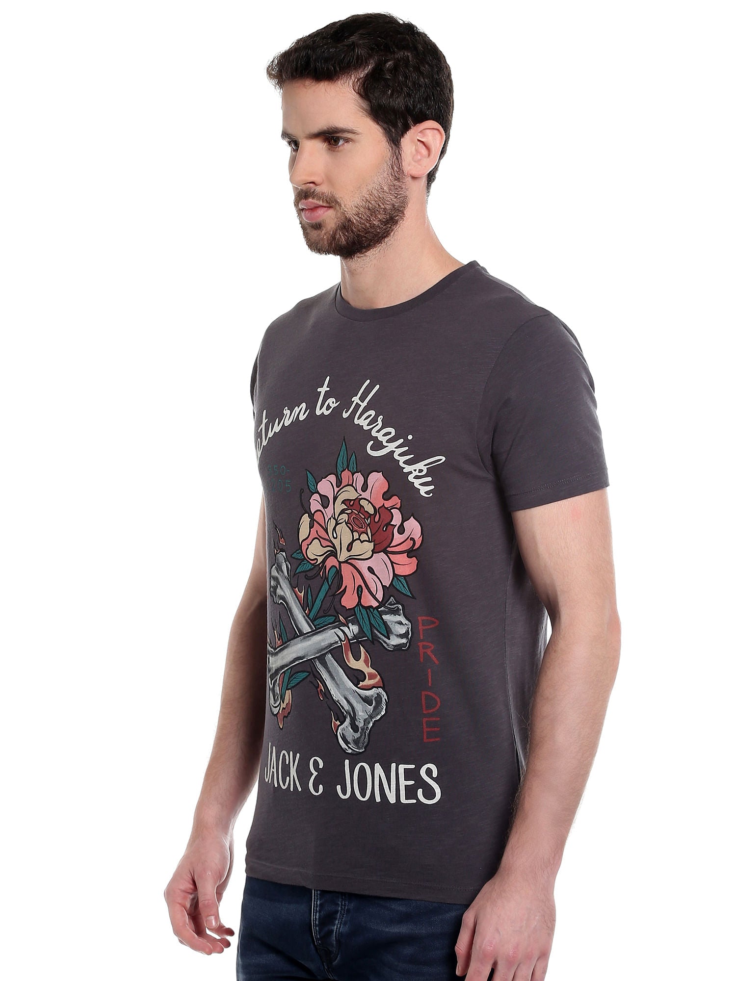 Dark Grey Graphic Print Crew Neck T-Shirt