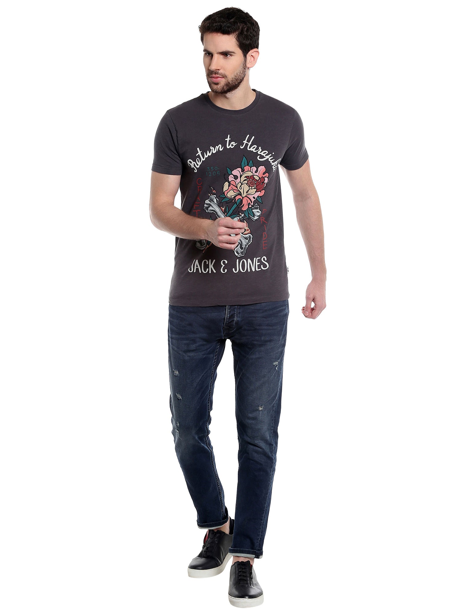 Dark Grey Graphic Print Crew Neck T-Shirt