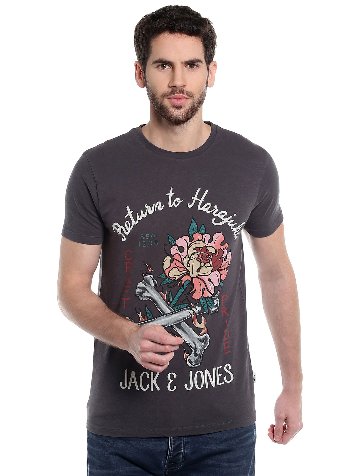 Dark Grey Graphic Print Crew Neck T-Shirt - S