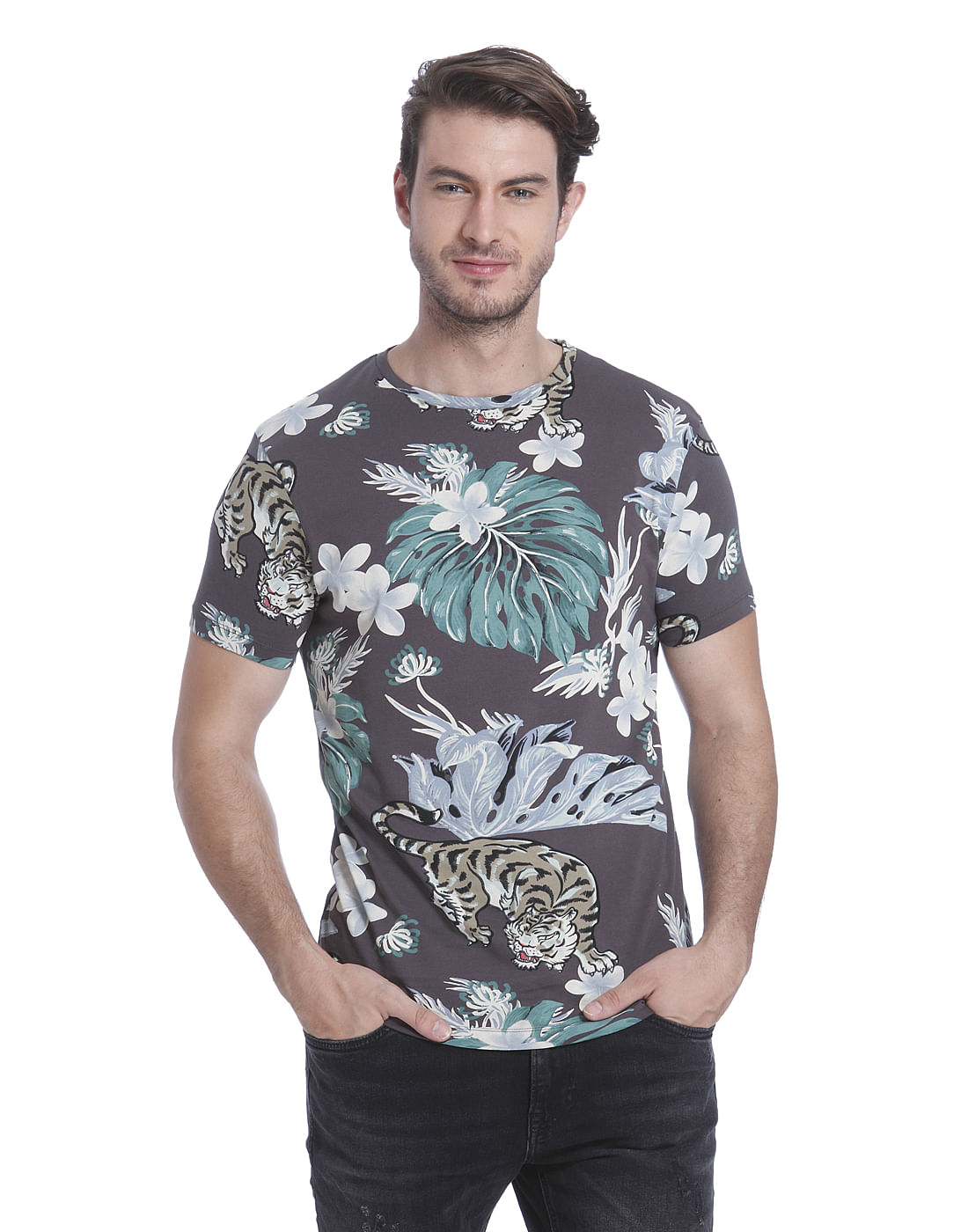 Brown Tiger Print Crew Neck T-Shirt