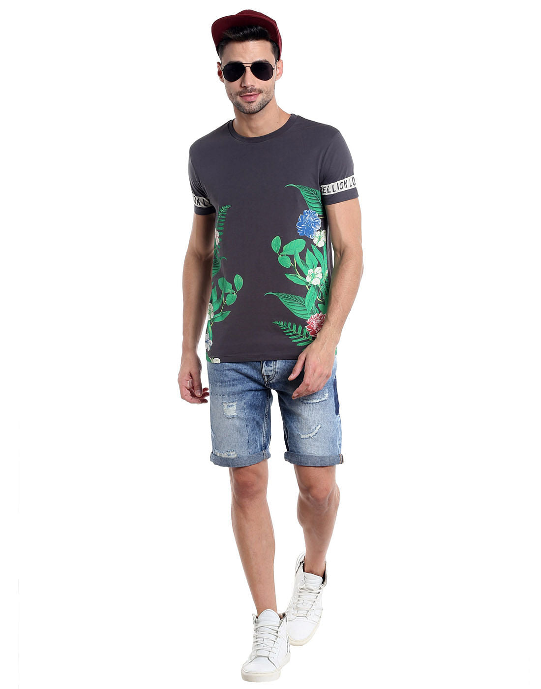 Dark Grey Botanical Print Crew Neck T-Shirt