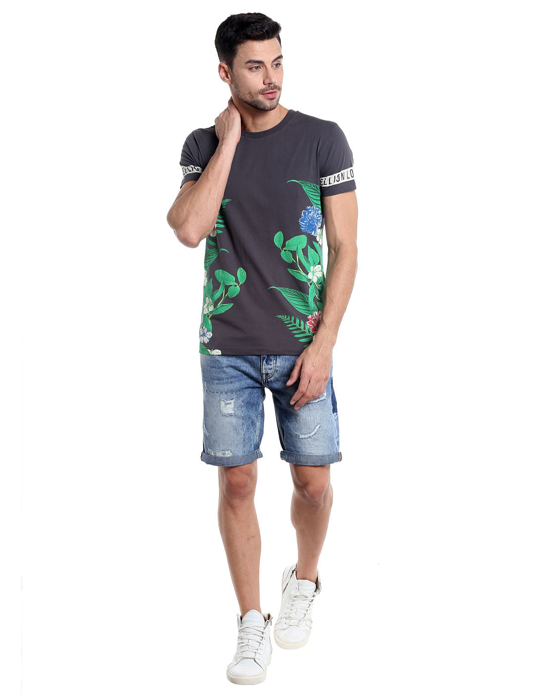 Dark Grey Botanical Print Crew Neck T-Shirt