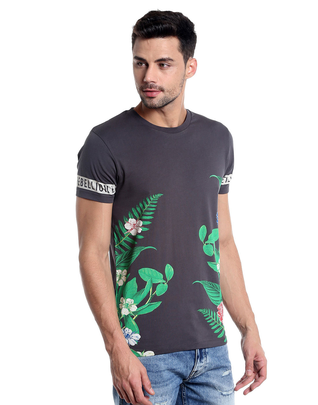 Dark Grey Botanical Print Crew Neck T-Shirt