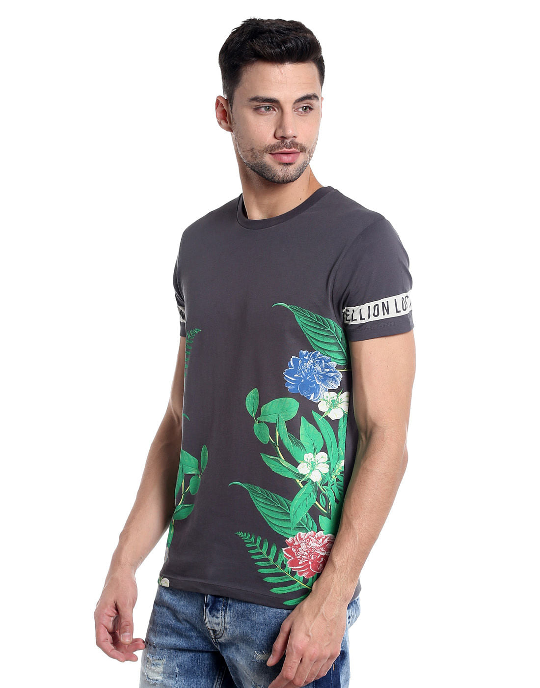 Dark Grey Botanical Print Crew Neck T-Shirt