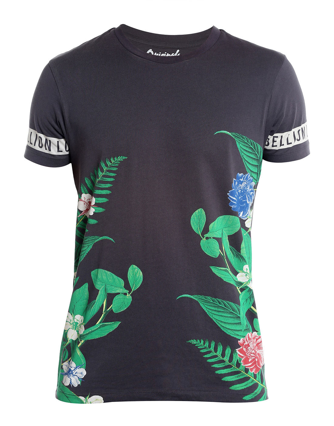 Dark Grey Botanical Print Crew Neck T-Shirt