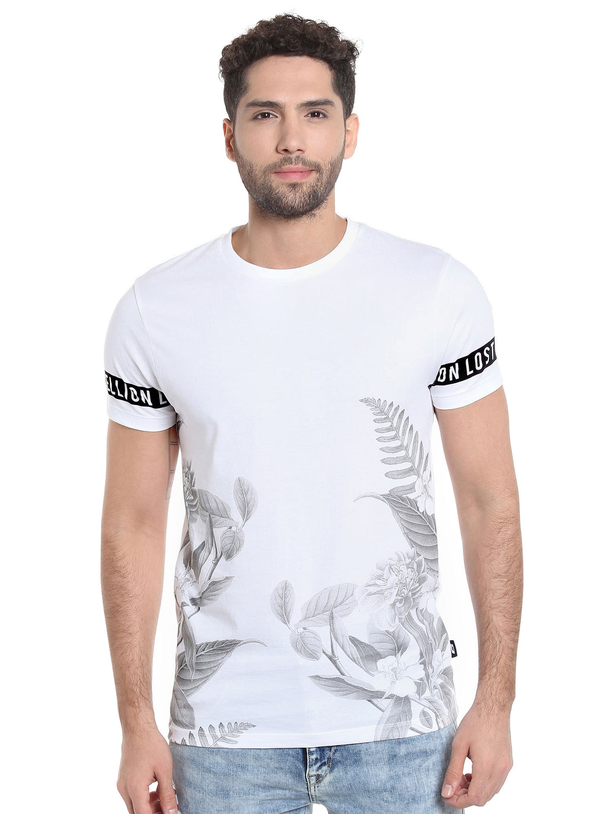White Botanical Print Crew Neck T-Shirt - S