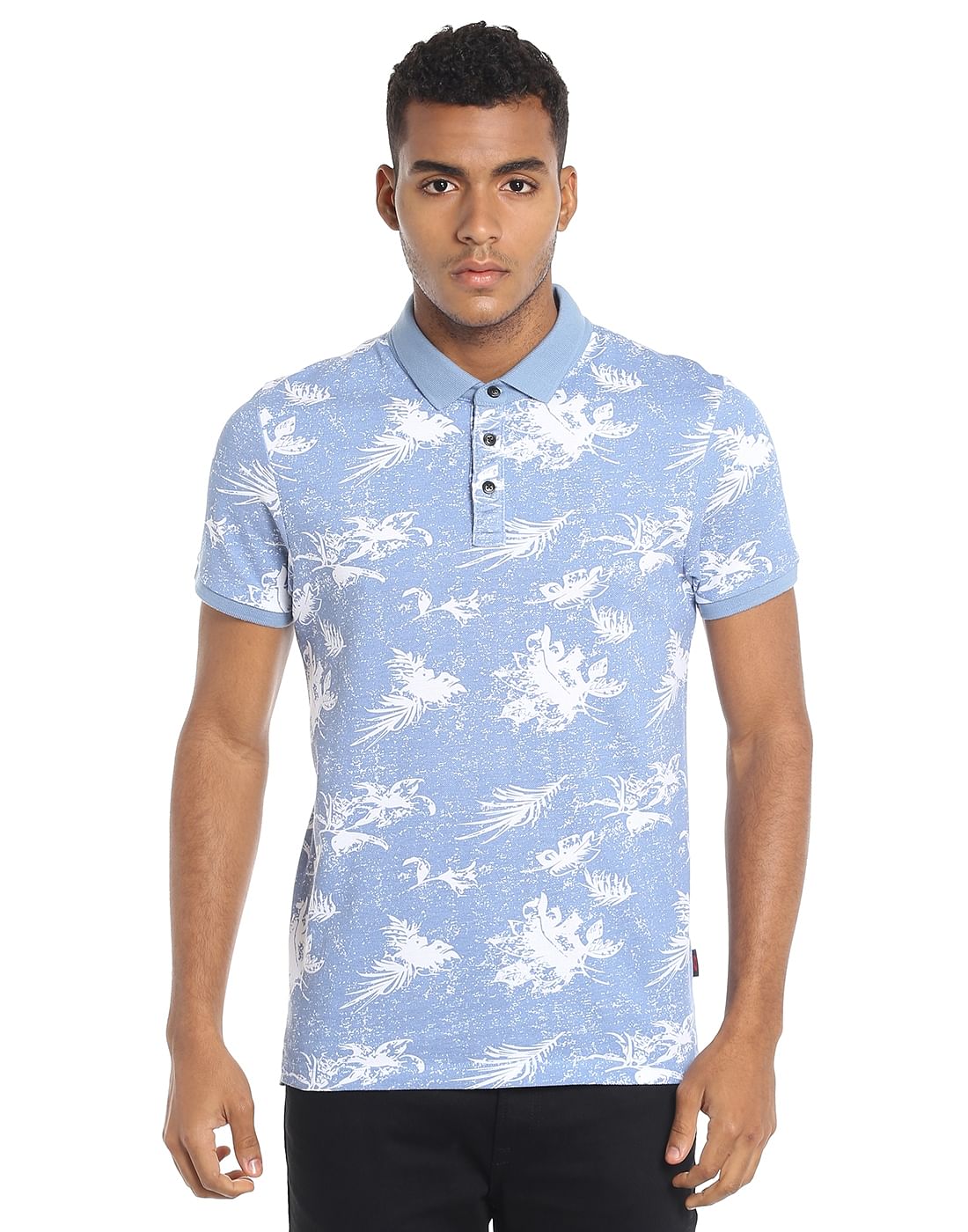 Powder Blue Printed Polo T-Shirt - S