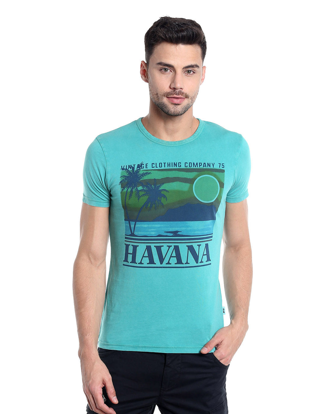 Teal Blue Havana Print Crew Neck T-Shirt - S